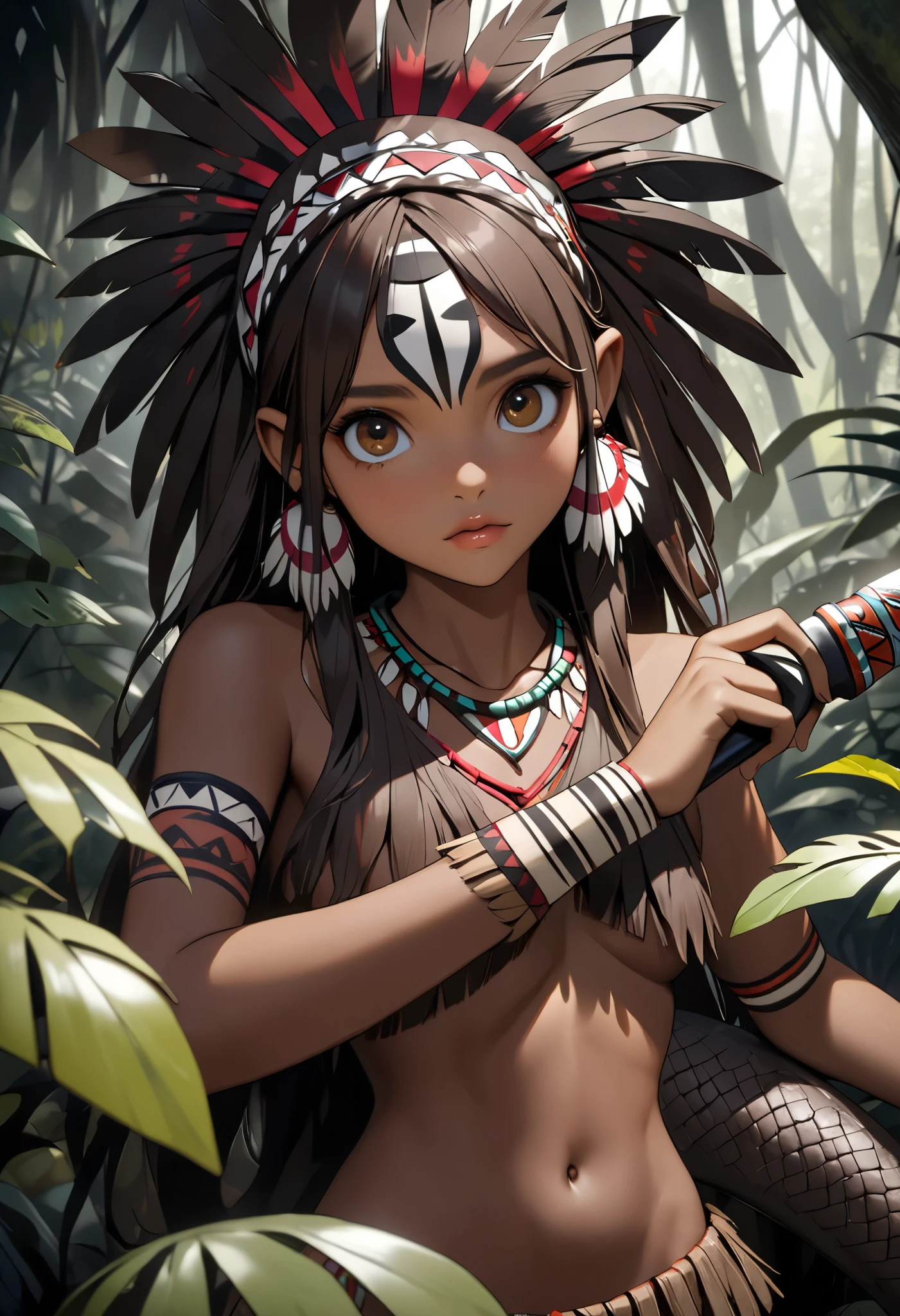 indigenous girl - HD photo -  photo - indigenous warrior - full body photo - beautiful legs - forest - high detailed - perfect face - straight black hair - straight bangs - snake - war paint - feather headdress - feathers - 18 years old - bow and arrow- wind- tribe- blood- varies