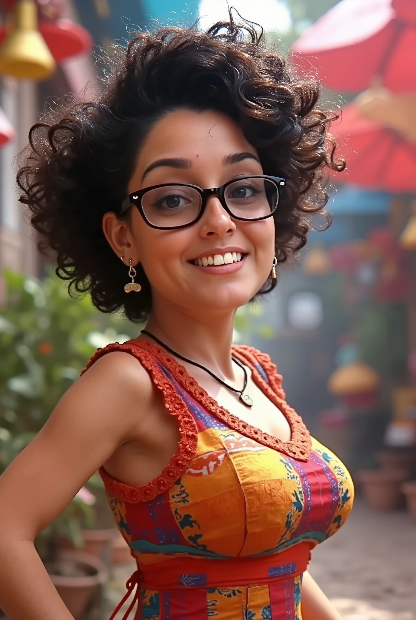 3D poster inspired by Pixar that captures a scene with a 55-year-old woman, medium black and square glasses, light brunette,   white skin.  long lashes, small and fatty nose, wrinkle between the eyebrows,  arched eyebrows ,  square chin, overweight, fatty, fatty arms, slightly full lips, full breasts,   smiling, black afro hair, very black and full of curls, and short on one side, hair all curly, full of curls, shaved neck and long bangs on the sides with curls, very long with curls,  with an asymmetrical pixie cut in which one side is very short and the left side is longer,  long dress , wide and colorful with geometries, atelier with mandalas, A beautiful mole on the upper lip, between the nose and mouth