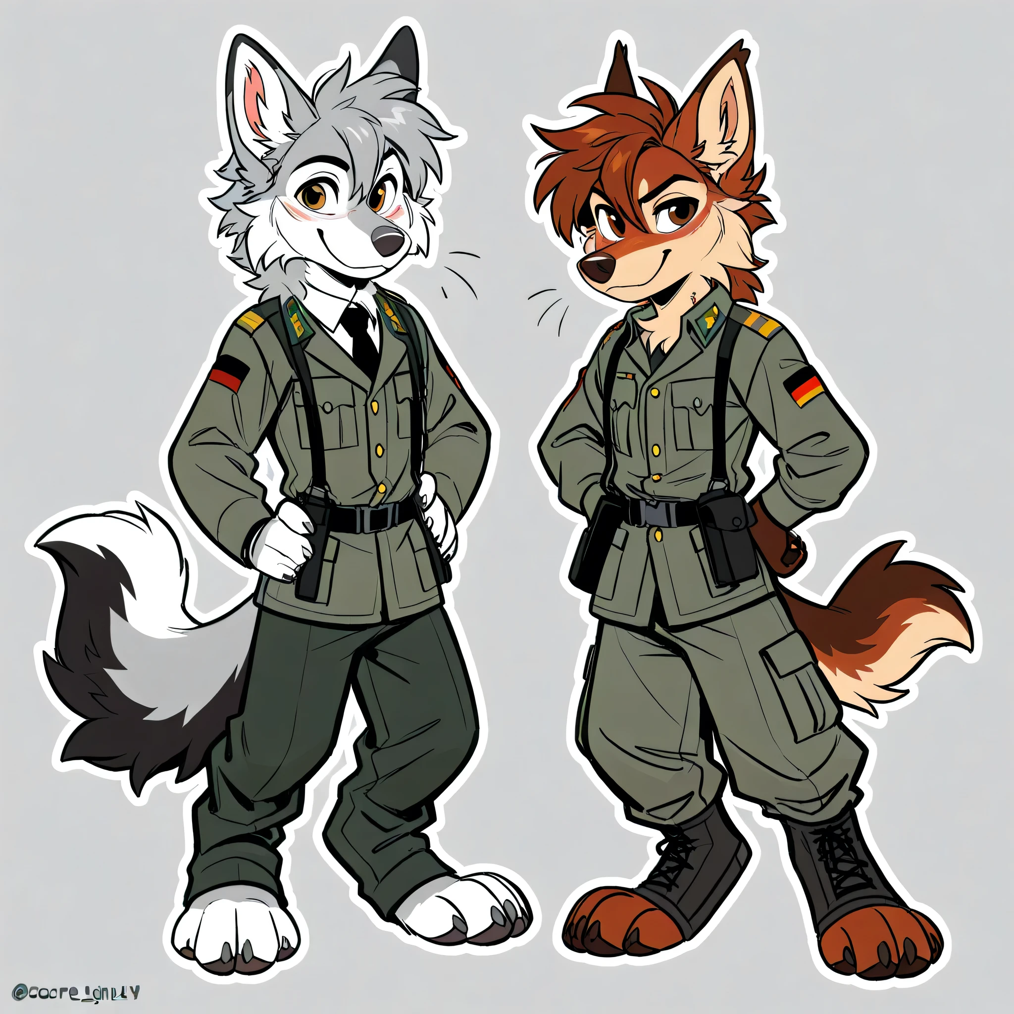 adult, canine, anthro, anthromorphic, wolf, fur, furred_anthro, fluffy_tail. , male, ear_tufts, gray_nose, gray_fingers, hair_tuft, short_tail, fluffy, canine_ears, expressive_eyes, brown_eyes, light looking_at_viewer, standing, gray_paws, gray_fur, tail, tail_connected_to_body digital_art, high_resolution, high_res, fit, dark_green_pants, white_dresshirt, black_tie ,german_gray__dress_uniform , meadow_background