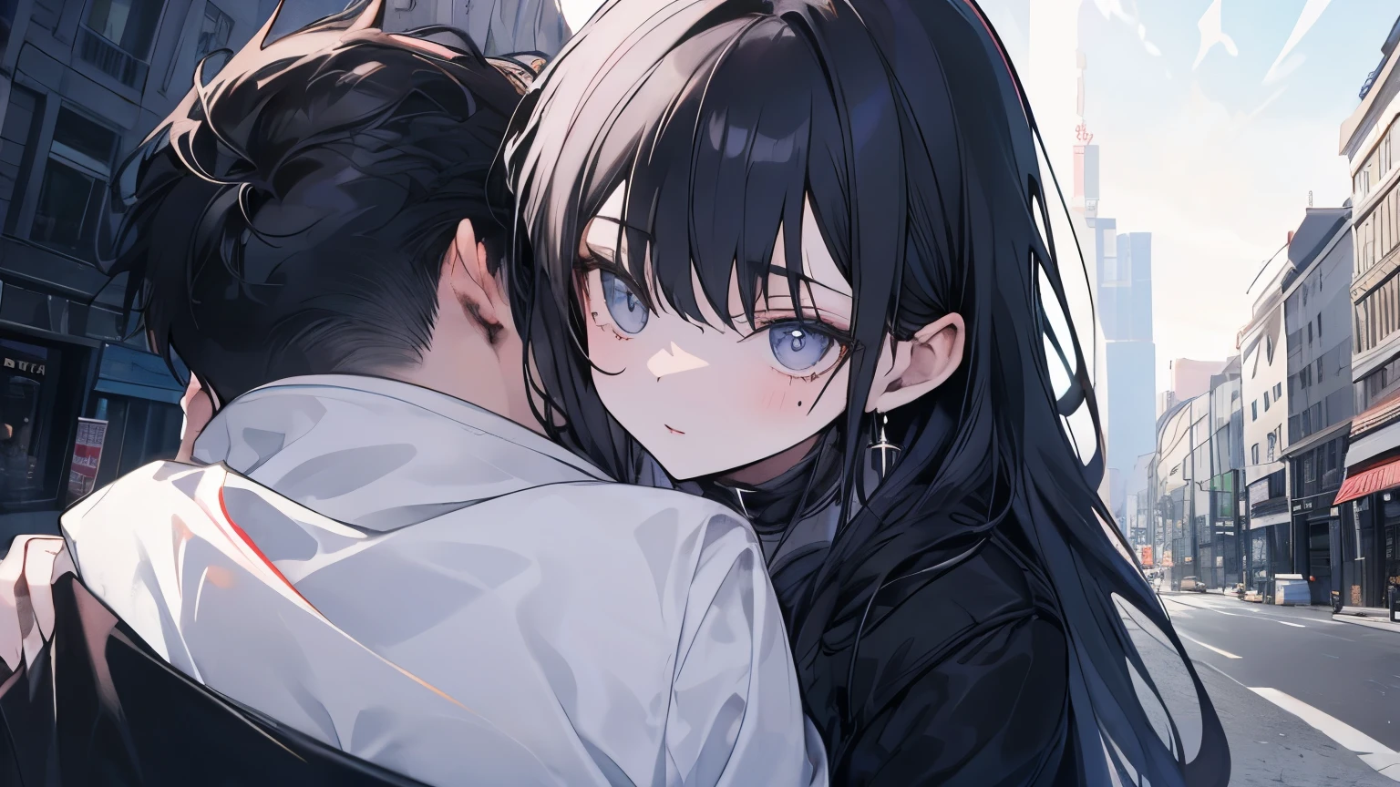 A man in black holding a girl