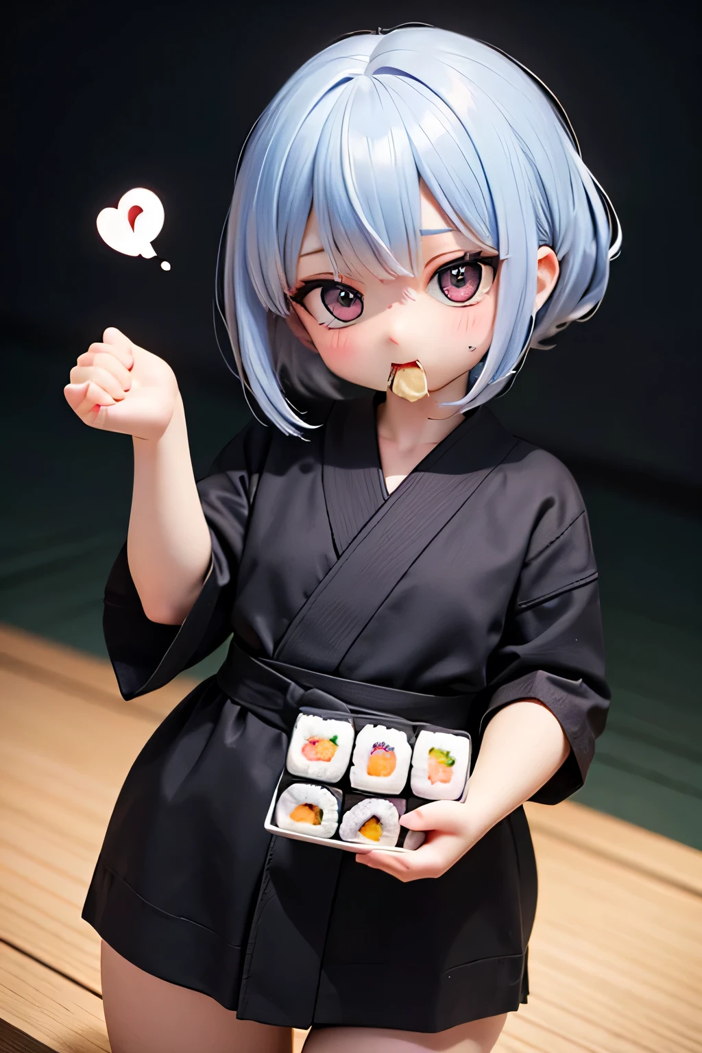 top quality、 high resolution、( HD:1.2)、 Masterpiece、 detailed background、 Details、 anatomically correct、Normal number of fingers、age beauty、Bright-colored hair、 ponytail 、Braided bob cut、Cute gestures、A beautiful scene like a scene from a movie、Thick sushi rolls 、Ehomaki 、
( girls do their best to eat thick sushi rolls:1.5)、 holds thick sushi rolls firmly with both hands 、Facing this year's lucky direction with a serious expression、In front of a large thick sushi roll、She puffs out her cheeks a little and munches on the food, bite by bite, in an adorable sight、A bear cub appears in front of 『 is tasty... !』You'd think so, but、Remembering the silent rule, she quickly falls silent、the moment she finished eating、her face would light up、 small fist pose、Her expression, brimming with a sense of accomplishment and embarrassment, is impressive、 cute
