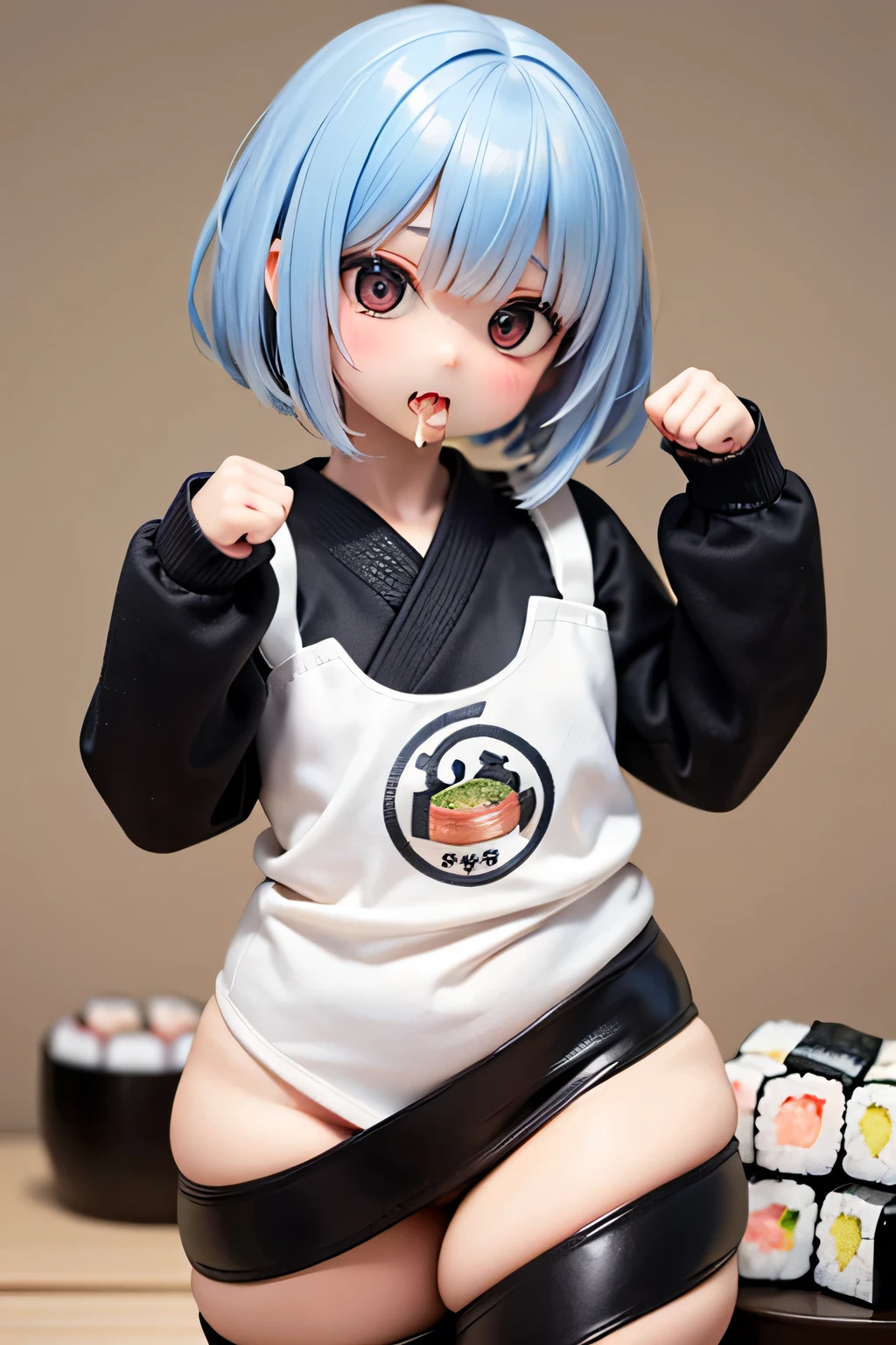 top quality、 high resolution、( HD:1.2)、 Masterpiece、 detailed background、 Details、 anatomically correct、Normal number of fingers、age beauty、Bright-colored hair、 ponytail 、Braided bob cut、Cute gestures、A beautiful scene like a scene from a movie、Thick sushi rolls 、Ehomaki 、
( girls do their best to eat thick sushi rolls:1.5)、 holds thick sushi rolls firmly with both hands 、Facing this year's lucky direction with a serious expression、In front of a large thick sushi roll、She puffs out her cheeks a little and munches on the food, bite by bite, in an adorable sight、A bear cub appears in front of 『 is tasty... !』You'd think so, but、Remembering the silent rule, she quickly falls silent、the moment she finished eating、her face would light up、 small fist pose、Her expression, brimming with a sense of accomplishment and embarrassment, is impressive、 cute