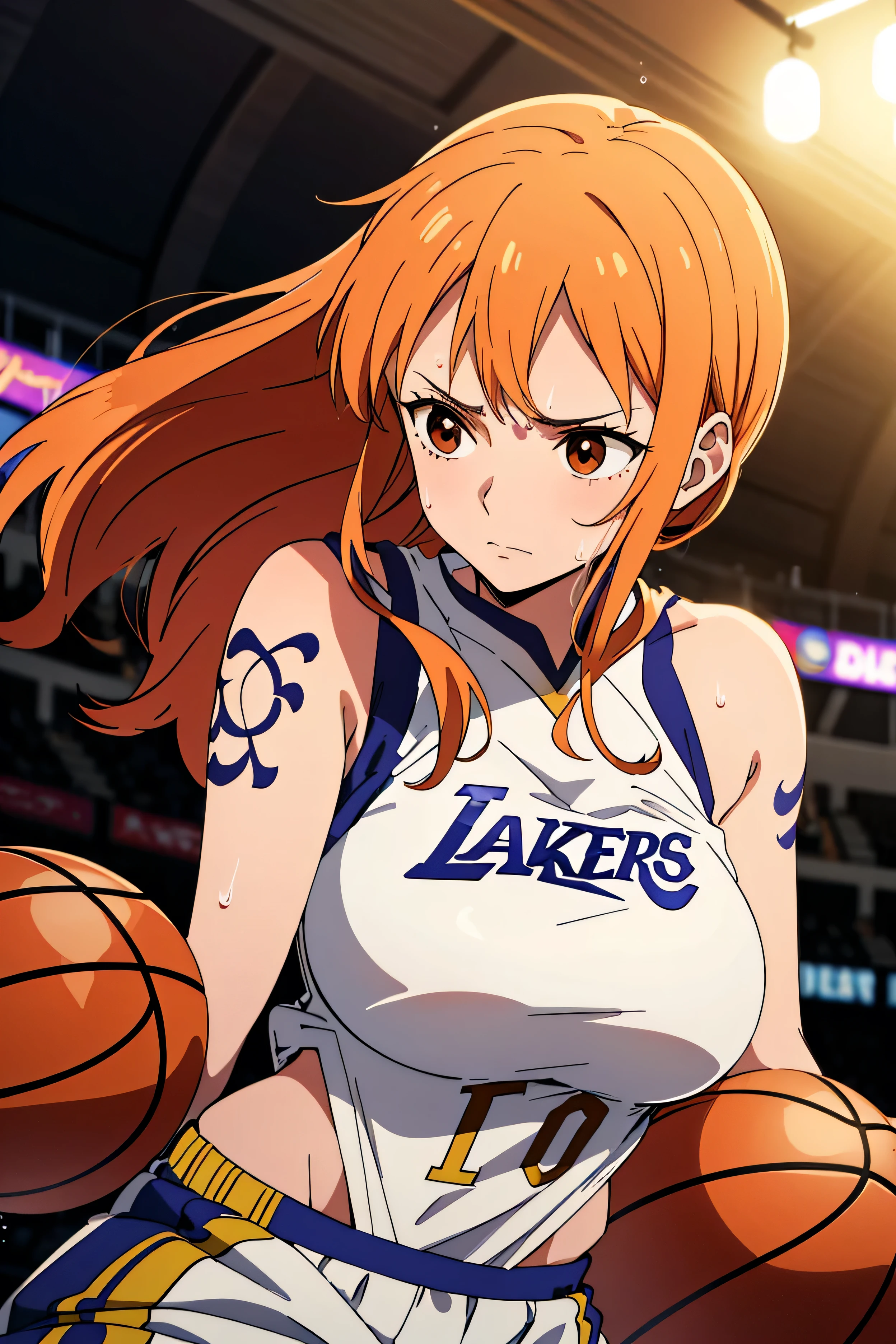 wearing a yellow Los Angeles Lakers basketball jersey.
• She has long, orange hair, and her brown eyes stand out against her fair skin.
• Her face and body are covered in sweat, and she appears to be in an intense moment, possibly after physical activity.
• The setting appears to be an indoor basketball court or arena, with bright lights and a blurred background.
Location of Elements:
• The woman is positioned in the foreground, taking up most of the frame.
• Her face is tilted slightly upward, and she has a somewhat determined or exhausted expression.
• The Los Angeles Lakers logo is prominently displayed on her jersey.
• Bright lights in the top-left corner and reflections suggest a stadium or sports setting.
Additional Details:
• The sweat droplets are carefully illustrated, emphasizing heat, effort, or intensity.
• Her hair has strands falling over her face, adding to the dramatic, immersive feel of the scene.
• The lighting has a warm, golden glow, which could symbolize stadium lights or sunset lighting.
• The art style is highly detailed, with shading, reflections, and smooth color gradients. Big boobs, bigger sweets boobs,
