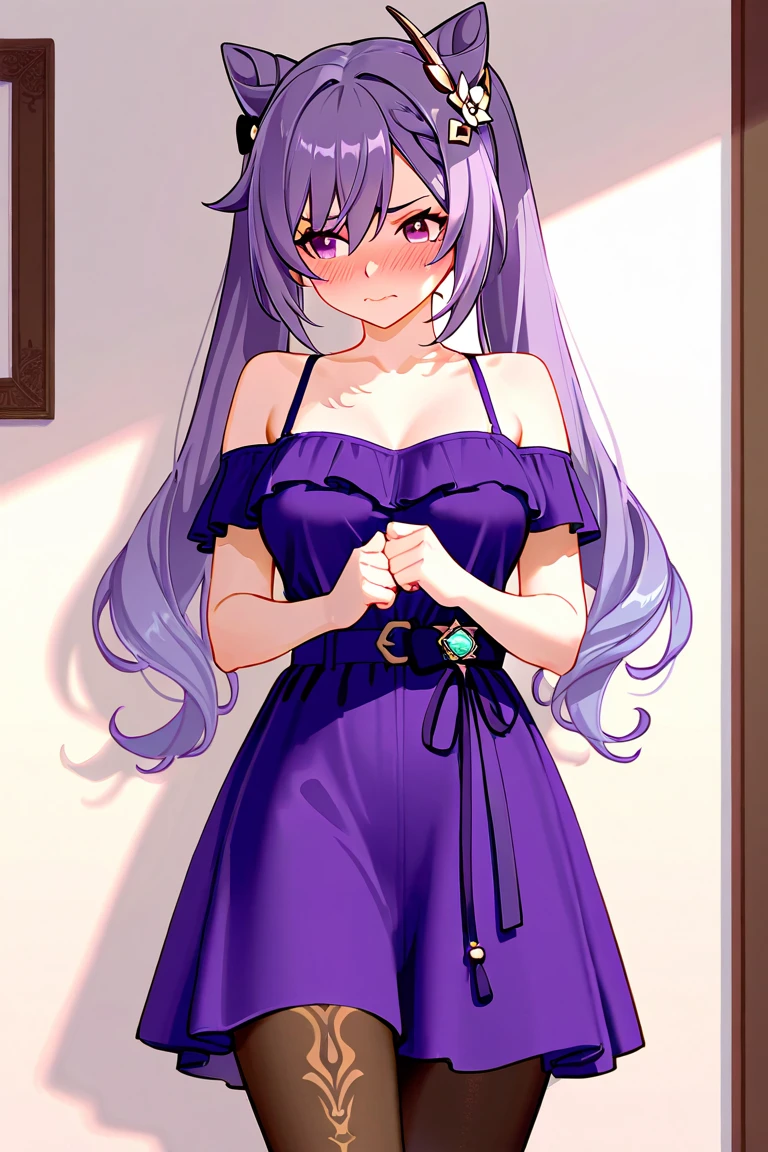 senjougaharaHitagi, <lora:senjougaharaHitagi_v11:1>, purple hair, blue eyes, gown, (medium breasts:0.5), masterpiece, best quality, 1girl, night, bedroom, dynamic lighting, (very detailed background:1.0), high ponytail