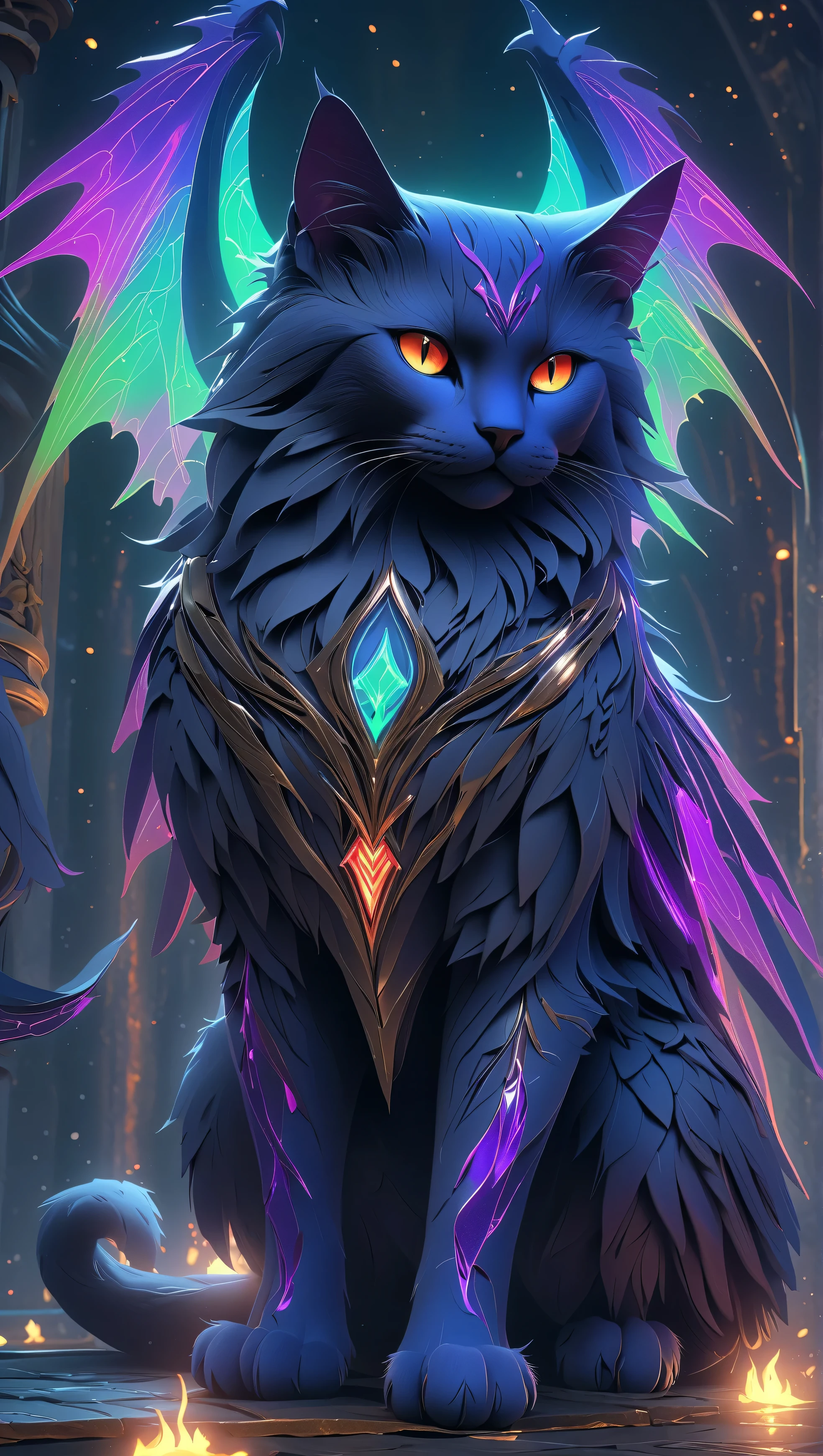 cat, masterpiece, best quality :1.3), ultra-detailed , cleavage , 8k , HDR , dynamic action, bright color scheme , (( full body , look into the camera )), cat, ( Detailed Red Eyes , scale-covered face , jagged mouth ), dead scales , Black, purple, neon green, ominous glow, incandescent , ghostly fire-colored eyes , wing patterns reminiscent of interlocking computer code, bone fragments protruded from the wings, eerie auras , incandescent runes, sharp claws , ghostly shades , floating lights , mythical creatures, dragon ears
