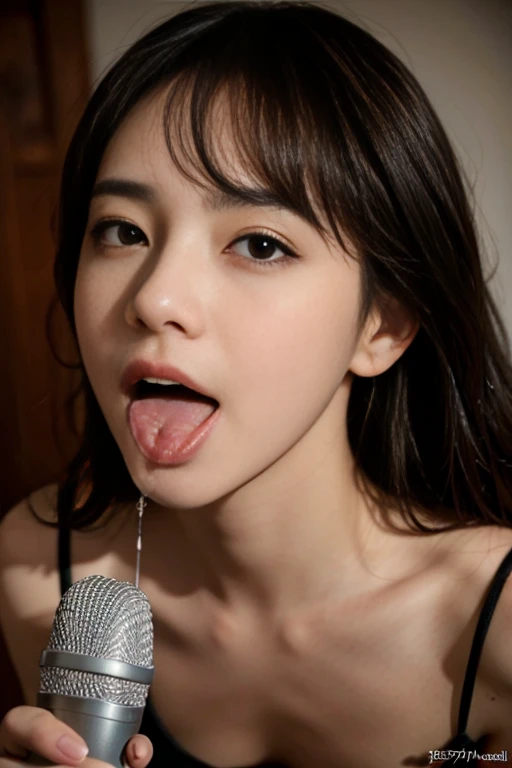 Highest quality、Highest quality、Detailed skin type、Accurate anatomy、Beautiful Face、Wet lips、Precise lips and tongue、Liquid dripping from tongue、Detailed tongue、Accurate Nose、grabbing a microphone、Hold a microphone in both hands、Correct grip、Close ~ eyes、Beautiful clavicle、(Soaked mini T-shirt、See-through、Skin-tight mini T-shirt:1.5)、Small breasts、Beautiful cleavage、Detailed chest center、Sweaty skin、Accurate anatomy、(The tongue is in close contact with the microphone:1.3)、(Licking a light brown penlight:1.5)、A soaked light brown penlight、Soft Microphone、Tongue touching the microphone、(Light brown microphone、Hold two microphones in each hand:1.5)、The penlight goes in the mouth、(humiliation、Expression of patience:1.6)、