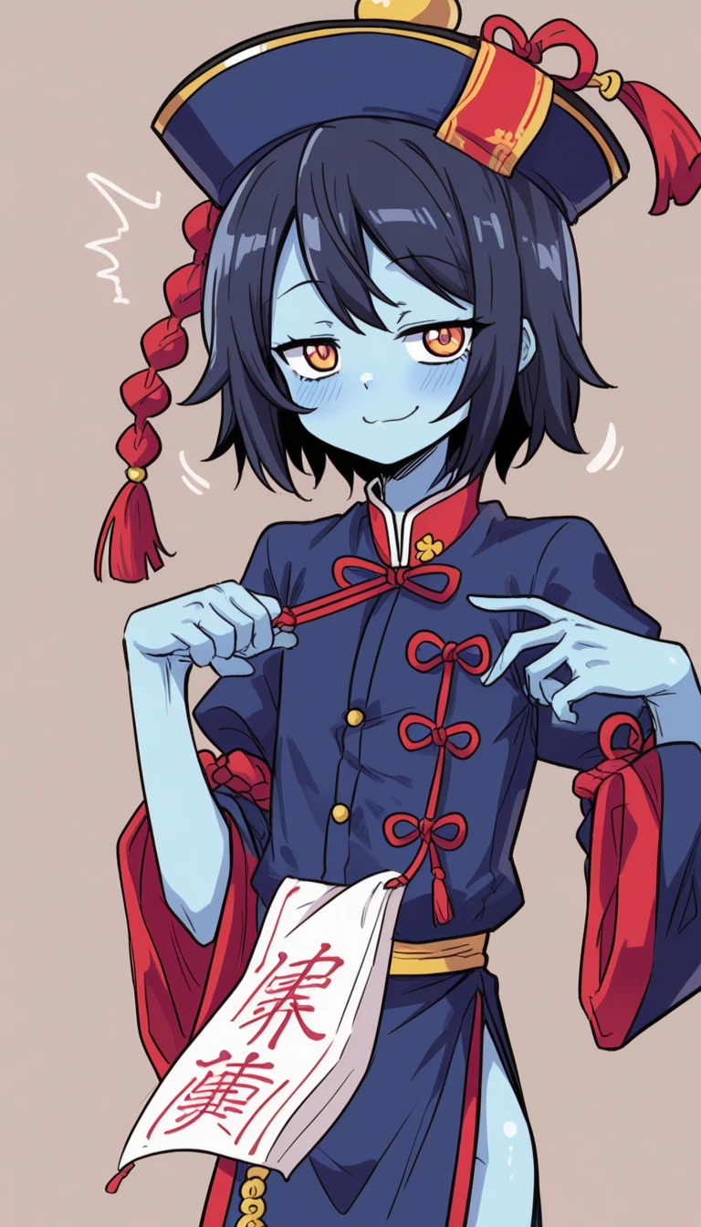 long hair, mole under mouth, purple hair, single braid, hair between eyes, aqua eyes, sharp teeth, ahoge, smile, cowboy shot, 1girl, solo, hu_tao_(cosplay), black dress, jiangshi, thighs, cute ghosts, unique-shaped pupils, ((best quality)), ((masterpiece)), ((anime_style)), (detailed))