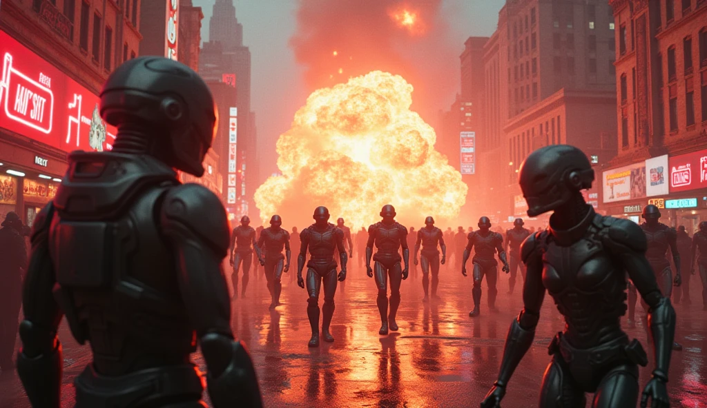  a cityscape under siege by robotic forces, highlighting the contrast between human and machine.