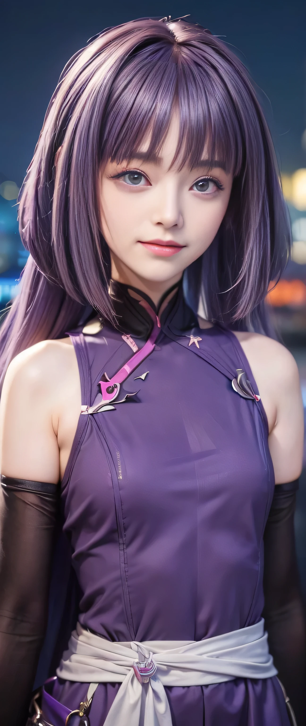 masterpiece, best quality, (realistic,photo-realistic:1.4), (RAW photo:1.2), extremely detailed CG unity 8k wallpaper, delicate and beautiful, amazing,finely detail, official art, absurdres, incredibly absurdres, huge filesize, ultra-detailed,extremely detailed eyes and face,light on face,(little smile),sumire kakei,(purple hair:1.4),long hair,river background,(wearing honkai impact outfit:1.5),(city:1.5),( girl:1.5),(night background:1.5), navel
