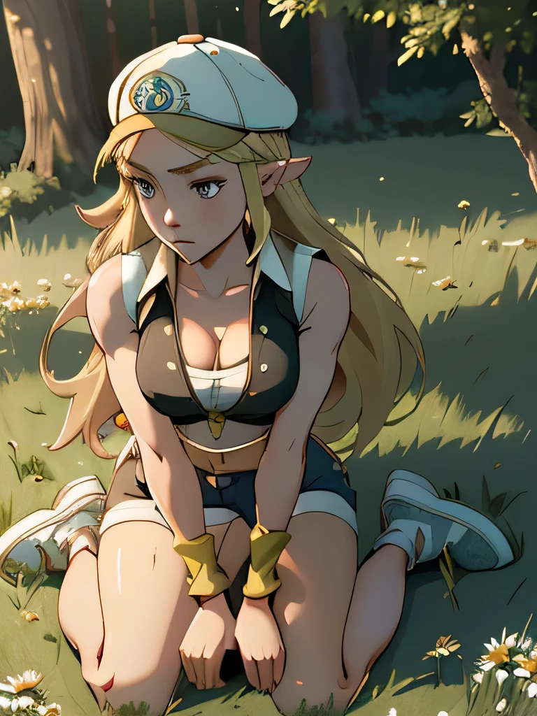 1girl in, 21, princess Zelda, photo of perfect woman, portrait, looking straight at camera, 5'3", Solo, Aesthetic artwork, (blond, straight blonde hair, waist length blond hair:1.25), (clear skin, pale skin, small breasts, B-cup, runners body, very thin waist, skinny, petite, detailed skin texture, (Masterpiece), (kneeling down before master, splits kneeling, legs apart), looking up at pov, sad expression, pleading, overhead perspective), (cleavage, focus on breasts:1.2), ((revealing clothing, (she is wearing a Pokemon trainer cosplay, White ball cap, black vest, white tube top, Daisy Duke shorts), wide open field, holding a pokeball, on the grass, legs apart, trees in the distance, (extremely detailed 8k wallpaper), evening outdoor lighting, high quality, film grain, Fujifilm XT3 sharp focus, f 5.6, 50mm, High Detail, Sharp focus, (natural light), crazy details, complex details, hyper detailed