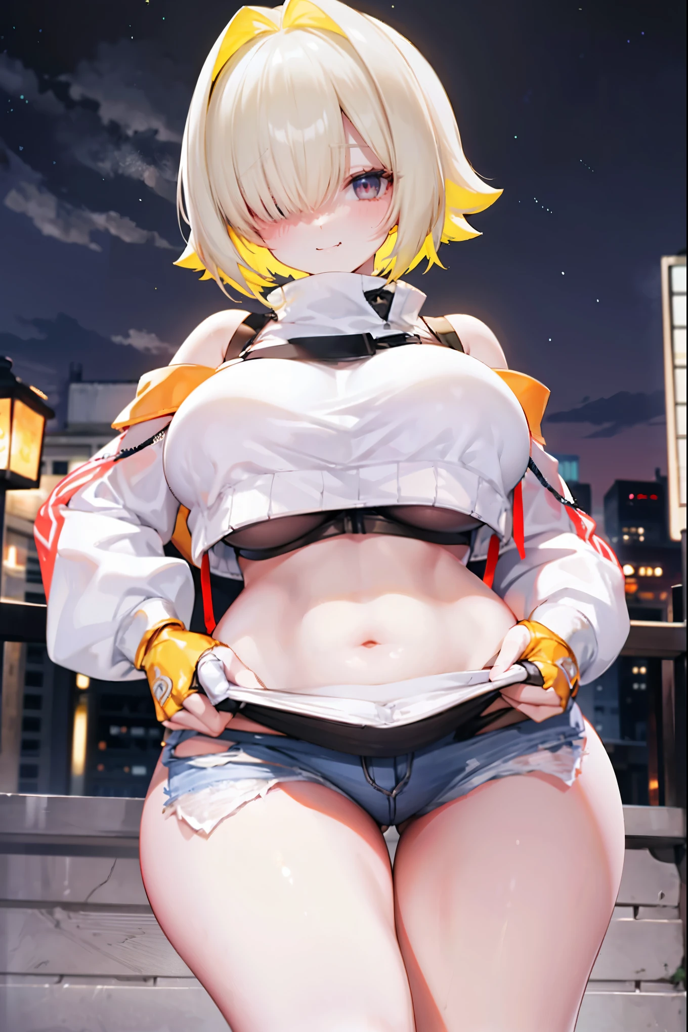 realistic image, coherent image, detailed image, 1 beautiful girl. She has short hair, blonde hair, bangs that cover her eyes. Her eyes are purple, long eyelashes. Her face is oval and delicate, smiling. She is wearing a long-sleeved top, showing her navel, and jean shorts. She has a curvy body, big breasts, thick thighs, sneakers. she pose sexy. view from behind, view from the ass. Background of neon lights, surrounded by gamer computers, natural lighting, volumetric lighting,
