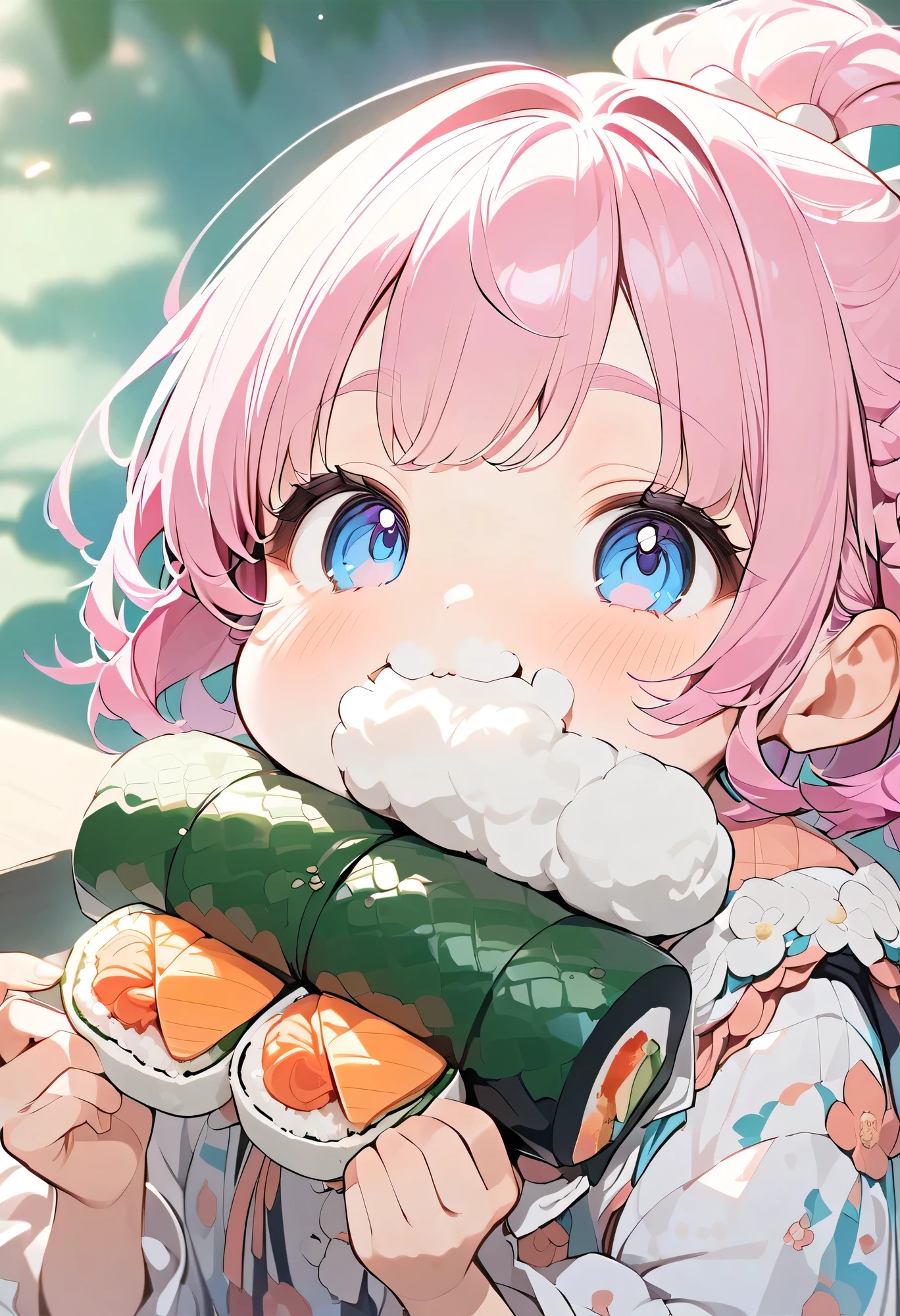 top quality、 high resolution、( HD:1.2)、 Masterpiece、 detailed background、 Details、 anatomically correct、Normal number of fingers、age beauty、Bright-colored hair、 ponytail 、Braided bob cut、Ehomaki、
girls do their best to eat thick sushi rolls、Facing this year's lucky direction with a serious expression、(Hold the thick sushi roll firmly with both hands and continue eating one bite at a time while puffing up your cheeks a little:1.5)、A bear cub appears in front of 『 is tasty... !』You'd think so, but、Remembering the silent rule, she quickly falls silent、the moment she finished eating、her face would light up、 small fist pose、Her expression, brimming with a sense of accomplishment and embarrassment, is impressive、 cute