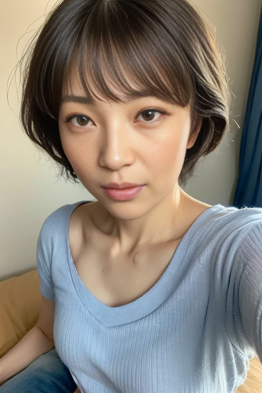 NSFW, ((Top Quality)), ((8K)), ((Masterpiece: 1.3)), (Perfect Appearance), (Photorealism: 1.6), (Bedroom where the morning sun shines), (Naked woman wrapped in sheets), japanese woman, (48 years old), married woman, ((realistic skin texture)), (fine lines all over the skin: 1.0), dullness, lack of moisture, wrinkles on the face, wrinkles at the corners of the eyes, (double eyelids: 1.0, crying moles, Her lips are thinly parted, the corners of her mouth are raised in a gentle smile, dimples, short bangs, short hair, small breasts, small nipples, (whole body), low angle,