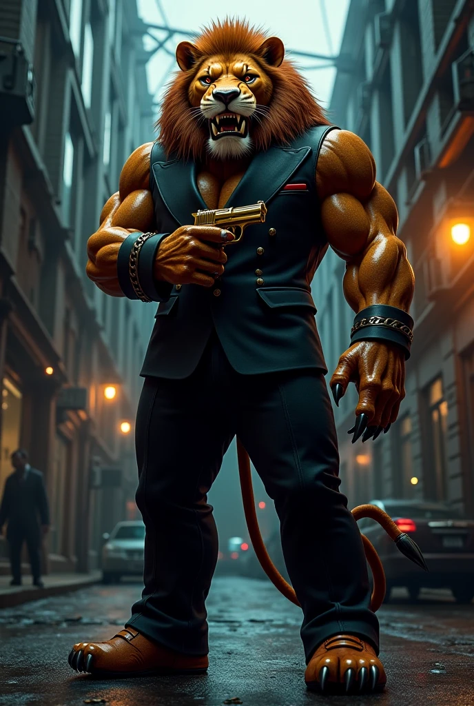 Masterpiece, (Ultra detailded), (Anthropomorphisme animal), Gangster theme, lion, beau, Trench-coat, dim lights, smoke, ombre, paysage urbain corrompu, Highest quality, Foyer unique, (skimming: 1.1), muscle man, corps entier, complexe (High detail: 1.1) Moteur Unreal.