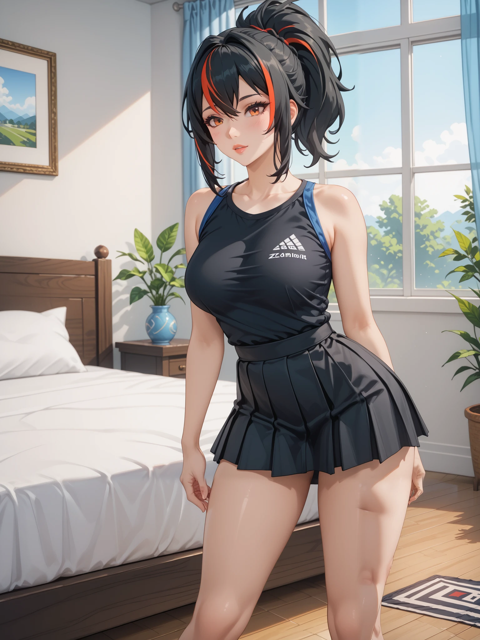 Masterpiece, extremely detailed,4k,solo, 1girl,zhu yuan,ponytail streaked hair, beauty anime face, full body, stand up,perfect slim body , bright body skin, thin lips,perfect slim body, very large breasts,black tshirt,black skirt, Front look, bed room, sunlight on the windows, cowboy shot, bokeh, photograph, little noise, shining, shimering, splendid
