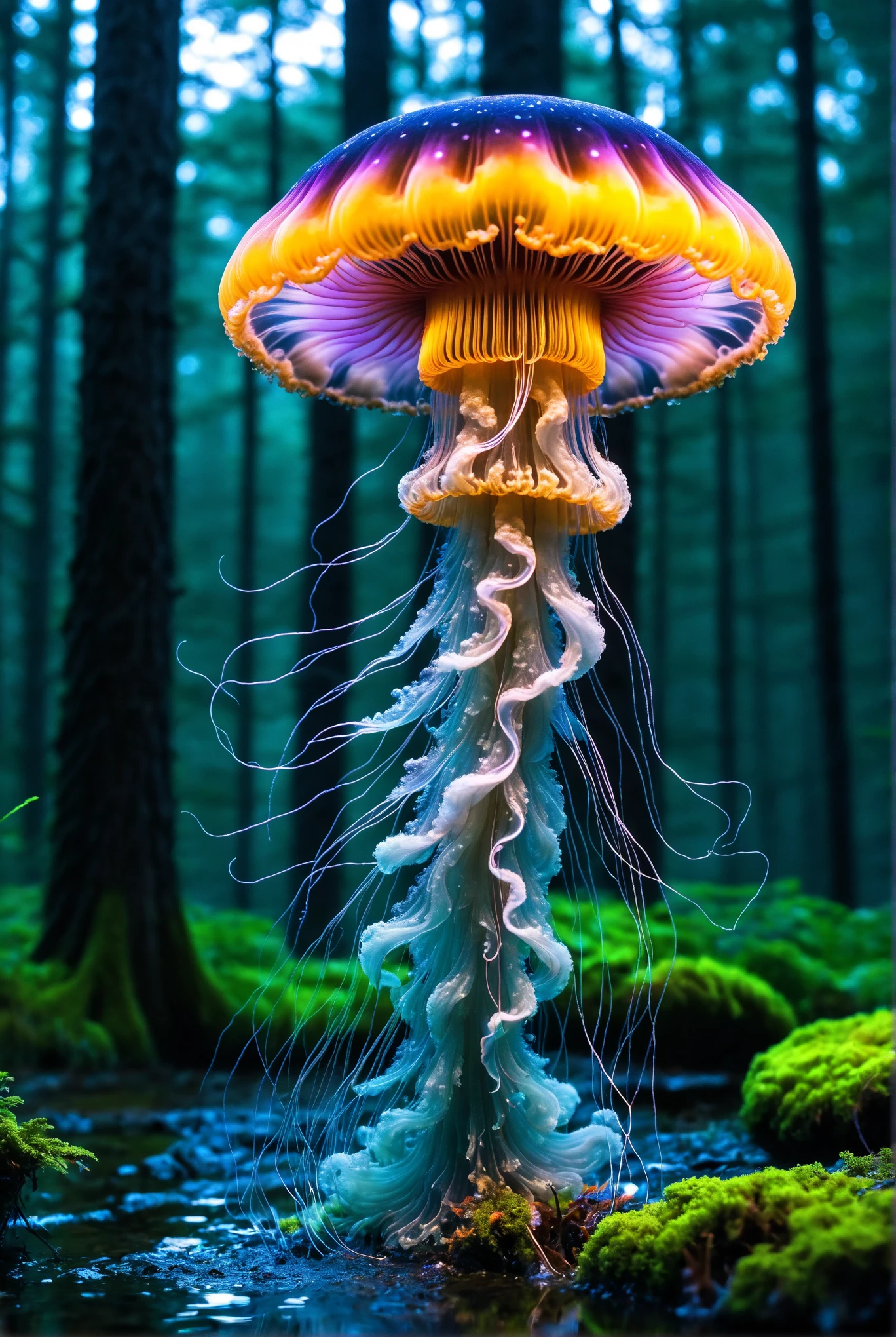 lots of small jellyfish forest with mushrooms glowing in the dark, a forest fantasy in a nature scenery, lots of small jellyfish