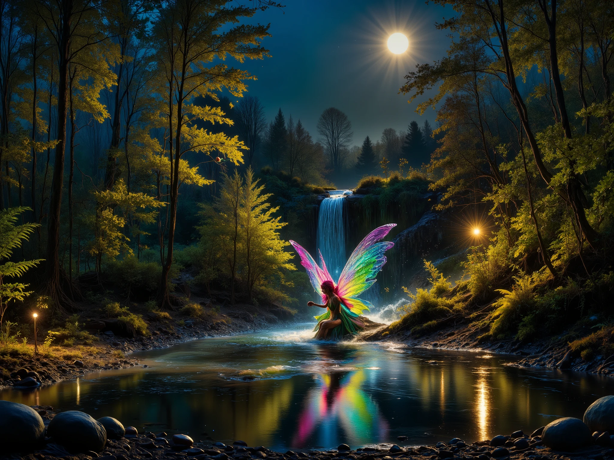 A woman with colorful butterfly wings flies across a pond in the forest.
She has pink hair that the wind blows behind her . she is wearing a green dress . Fairy dust glitters behind her , Where she flew .
It is night and the full moon is shining .
photorealistic, masterpiece