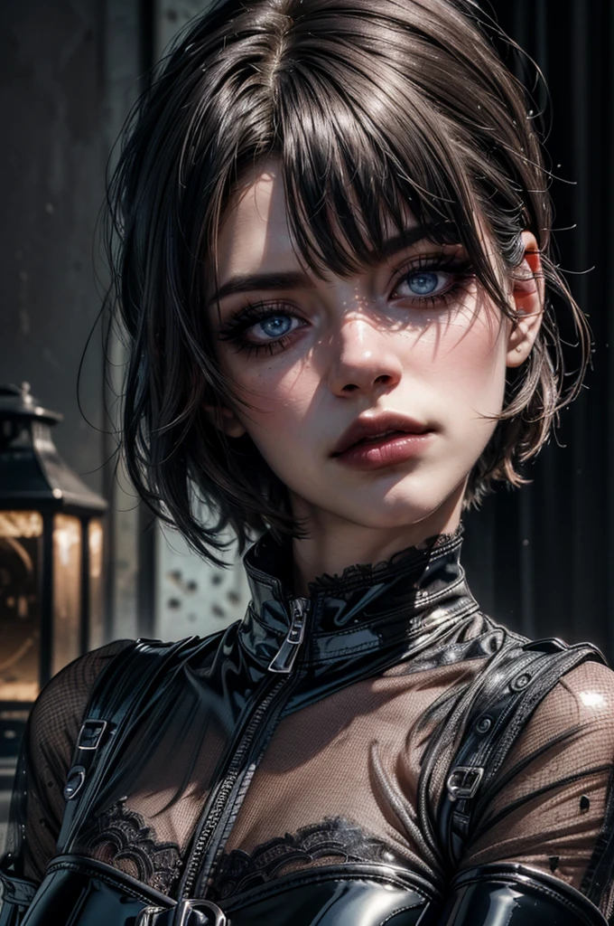a portrait photo Ana de Armas, detailed rain, wet skin, freezing, masterpiece, (beautiful detailed eyes:1.1), best quality,  illustration, (detailed lighting:1.2),  (beautiful detailed glow:1.3), leather clothing, deep cleavage, dirty, intricate, digital painting, smooth, sharp focus, end of the world, epic realistic, (hdr:1.4), (muted colors:1.4), apocalypse, abandoned, neutral colors, night, screen space refractions, (intricate details, hyperdetailed:1.3), artstation, cinematic shot, vignette, complex background, building