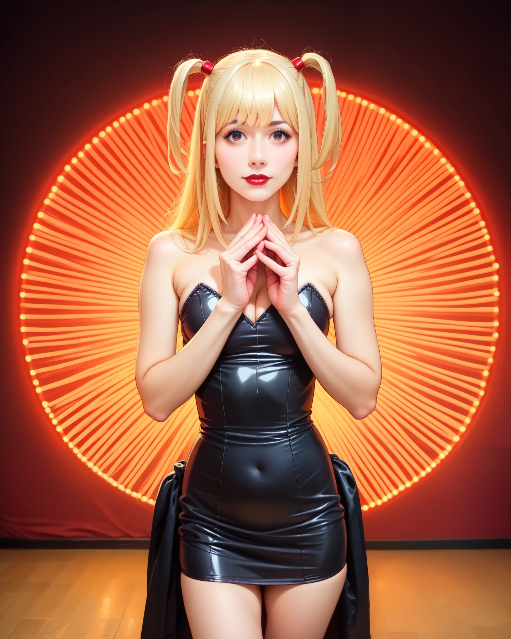 Misa Amane standing on a stage with colorful lights and touching her chin, tilted head, touching her chin, beautiful sexy and athletic body, wearing a tight black mini dress, beautiful seductive look, nlong hair with two small ponytails, beautiful big eyes, white pale skin, red lips, stage with colorful lights background, best ilumination, Animation, intrincate, perfect, focused, realistic, photorealistic, Ultra HD.