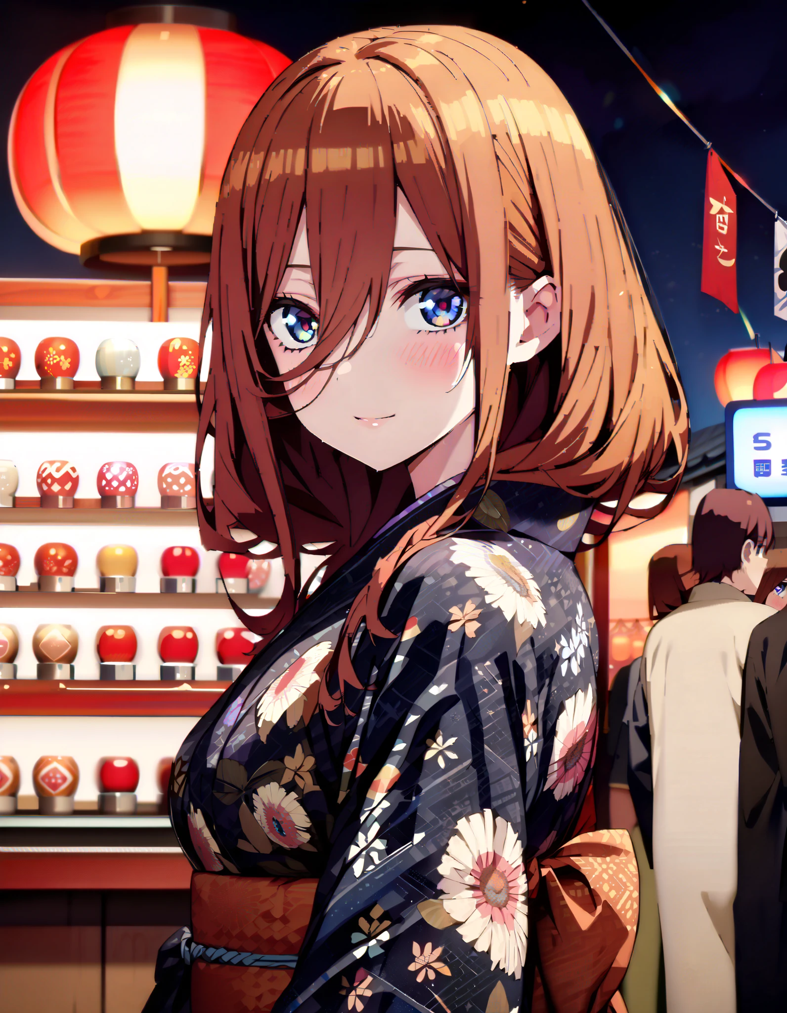 Nakano Future, Alone, long hair, bangs, blue eyes, brown hair, long hair, bangs, blue eyes, brown hair, hair between eyes ,smile,blush, legs ,Blue flower pattern kimono, side lock , long skirt ,日本のfestival,夏festivalの屋台, red lanterns,Fireworks in the night sky, fireworks,The time is night, standing,whole bodyが illustration に入るように,
break outdoors, festival,
break looking at viewer, whole body、
break ( Masterpiece:1.2), top quality, high resolution, unity 8k wallpaper, ( illustration :0.8), ( beautiful detailed eyes:1.6), highly detailed faces at a pachinko parlor, perfect lighting, Highly Detailed CG, ( perfect hands, perfect anatomy),