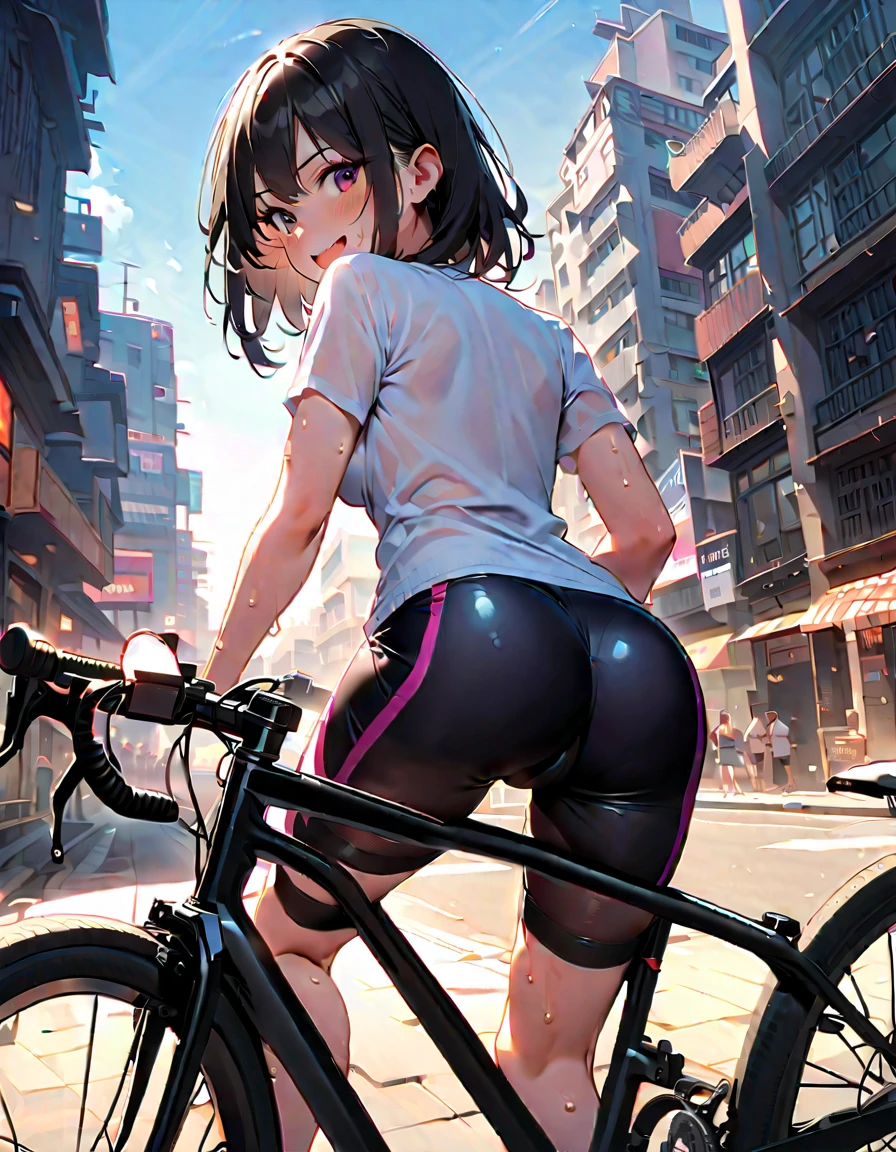 a girl rides a bicycle a street next to tall buildings, in running shorts, short shorts, inspired by Tsubasa Nakai, pixiv contest winner, highschool dxd, 3 d render official art, holo, thighs focus