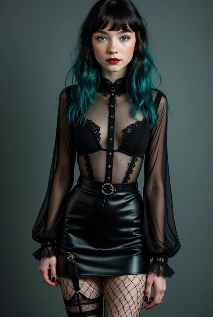A gothic girl with a round face, straight hair with turquoise highlights, wearing a tight black blouse, with pronounced hips, and a black mini skirt, fishnet stockings long legs