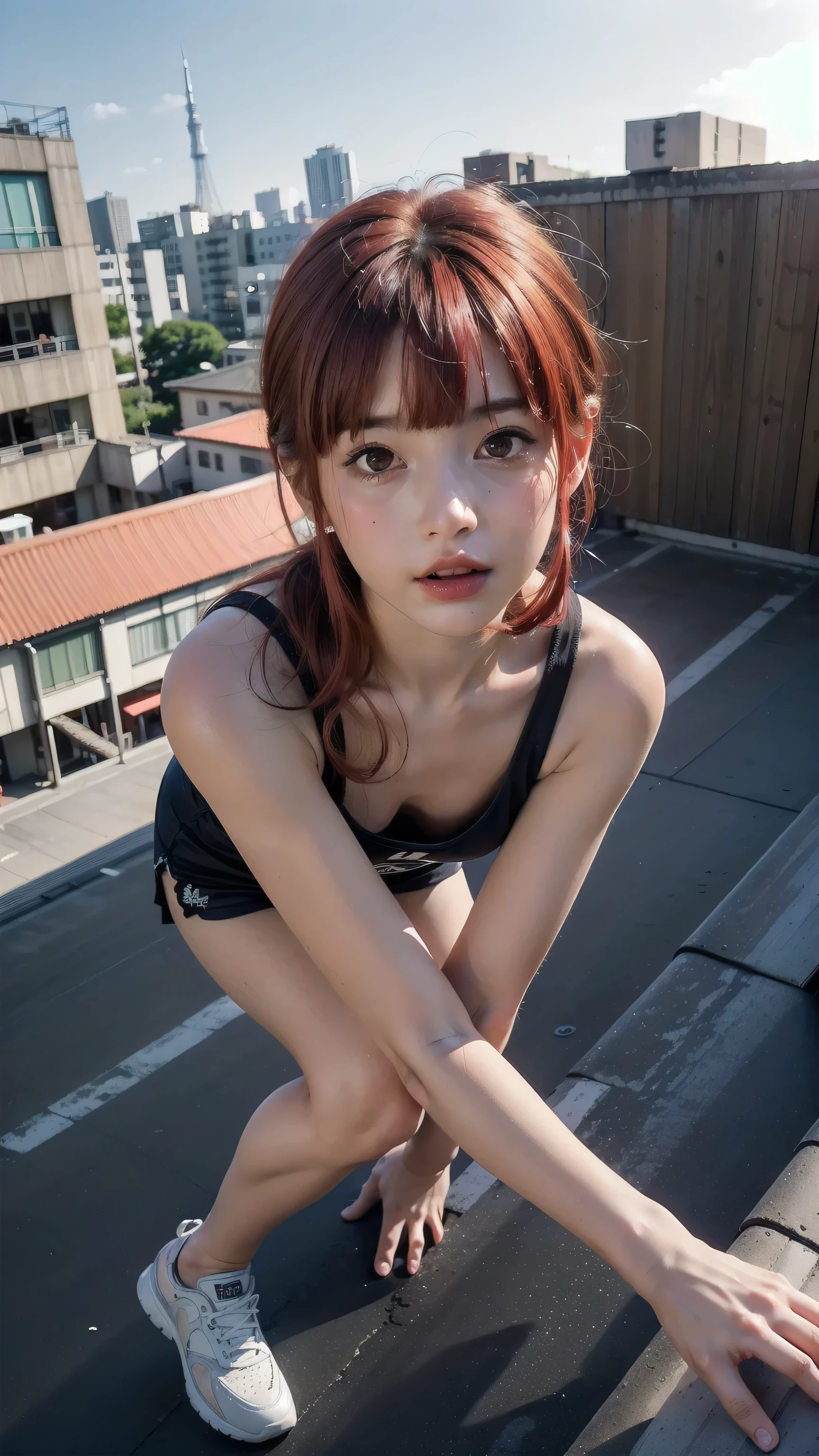 Highest quality, masterpiece, Ultra-high resolution,8K, (Realistic:1.6), (Make-up portrait:1.4) RAW Photos,((Platinum pink ponytail hairstyle)), ((loose socks)),Soft looking breasts,((Jet black blue mini skirt fashion)),((Up Facial)),((k-popアイドルメイク)),One girl,(smile, Showing teeth)), 26 talents,,((Looking up at the audience)),Face Focus:1.4,((Shooting from above with a fisheye lens:1.4)),