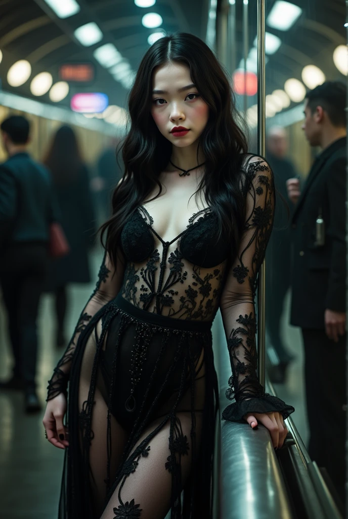 surreal masterpiece,photo realistic,ultra detailed,detailed face,hyper realistic,best quality,pale skin, crimson lips,beautiful female japanese Vampire,wearing closed buttoned black blazer & lace bra & long black skirt, walking alone down dark alley at night