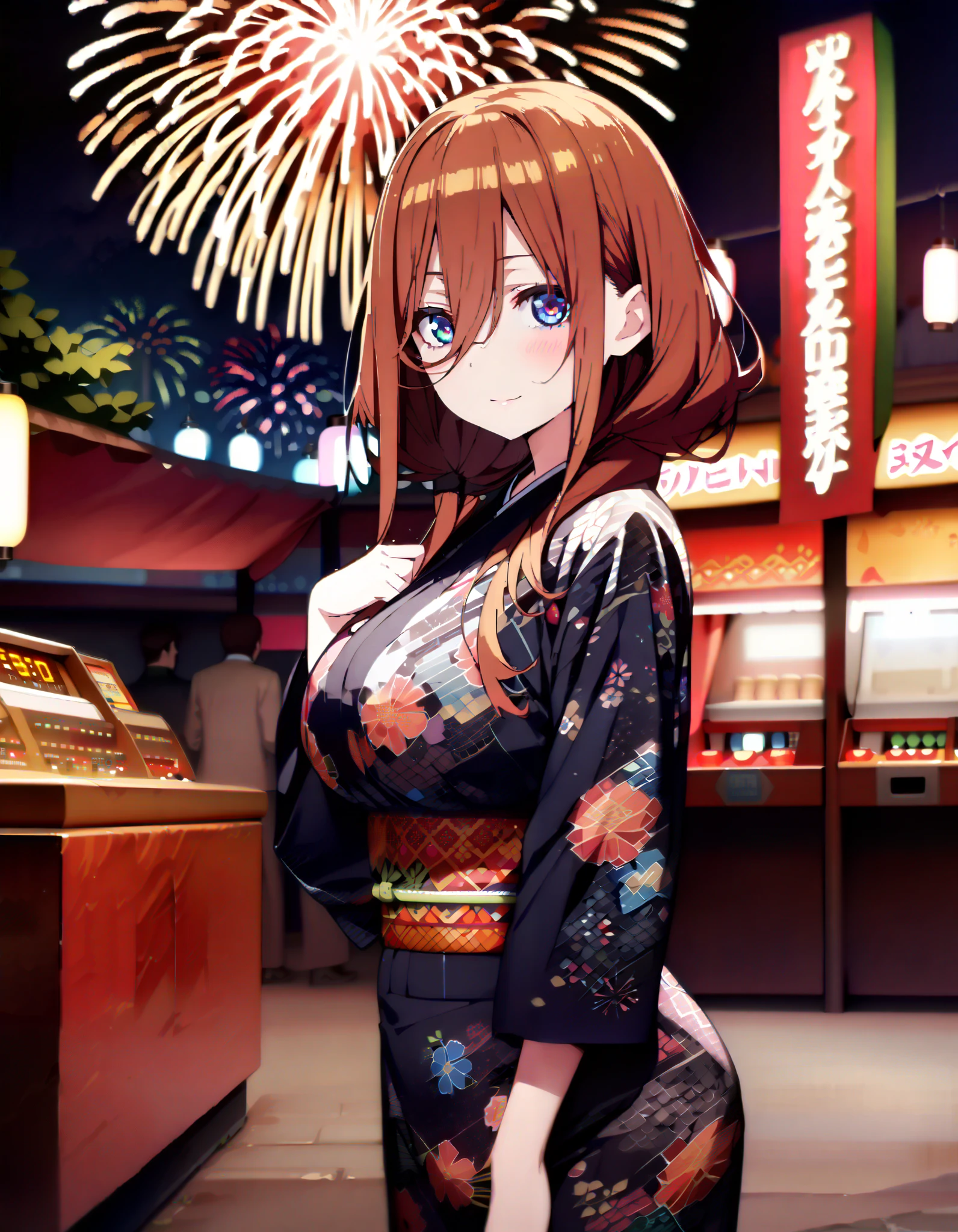 Nakano Future, Alone, long hair, bangs,  blue eyes,  brown hair,  long hair, bangs,  blue eyes,  brown hair,  hair between eyes ,smile,blush,Big Breasts, legs ,Blue flower pattern kimono, side lock , long skirt ,日本のfestival,夏festivalの屋台, red lanterns,Fireworks in the night sky, fireworks,The time is night, standing,whole bodyが illustration に入るように,
break outdoors, festival,
break looking at viewer, whole body、
break ( Masterpiece:1.2),  top quality,  high resolution, unity 8k wallpaper, ( illustration :0.8), ( beautiful detailed eyes:1.6),  highly detailed faces at a pachinko parlor,  perfect lighting,  Highly Detailed CG, ( perfect hands,  perfect anatomy),