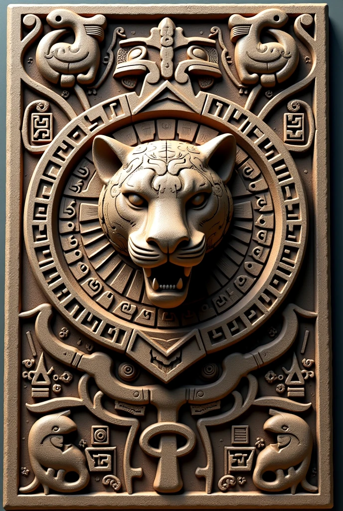 A large Mayan coat of arms with numerous symbols of the Mayan clandrier and Tezcatlipoca in its jaguar form in the middle carved in it