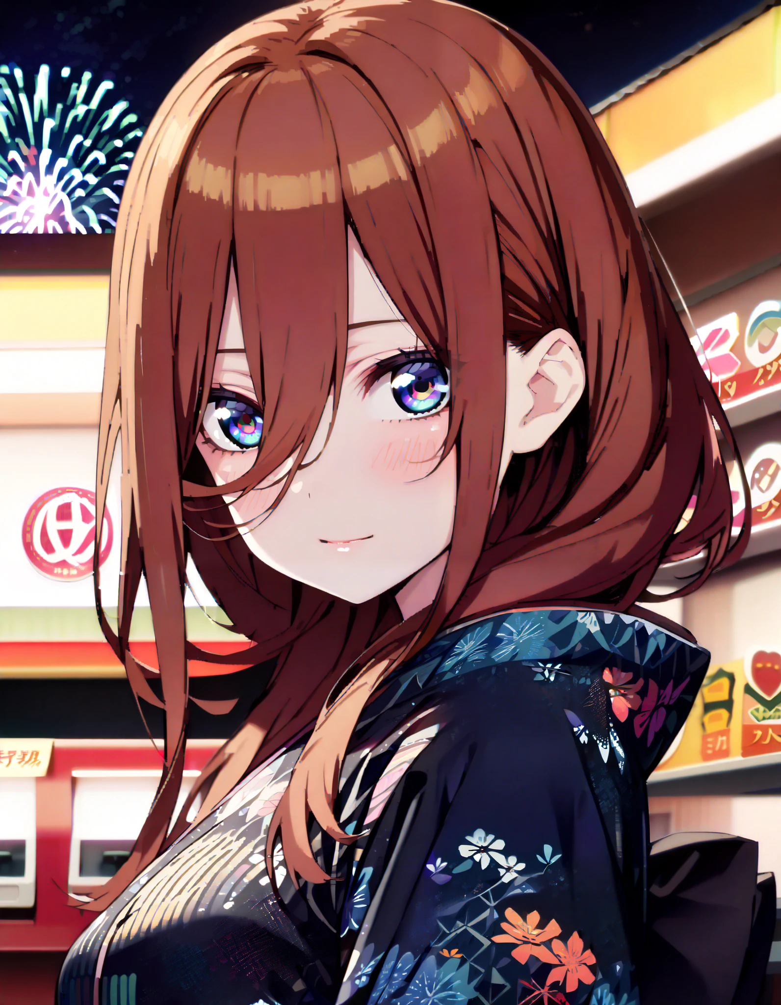 Nakano Future, Alone, long hair, bangs,  blue eyes,  brown hair,  long hair, bangs,  blue eyes,  brown hair,  hair between eyes ,smile,blush,Big Breasts, legs ,Blue flower pattern kimono, side lock , long skirt ,日本のfestival,夏festivalの屋台,,Fireworks in the night sky, fireworks,The time is night, standing,omatsuri, food stand ,whole bodyが illustration に入るように,
break outdoors, festival,
break looking at viewer, whole body、
break ( Masterpiece:1.2),  top quality,  high resolution, unity 8k wallpaper, ( illustration :0.8), ( beautiful detailed eyes:1.6),  highly detailed faces at a pachinko parlor,  perfect lighting,  Highly Detailed CG, ( perfect hands,  perfect anatomy),