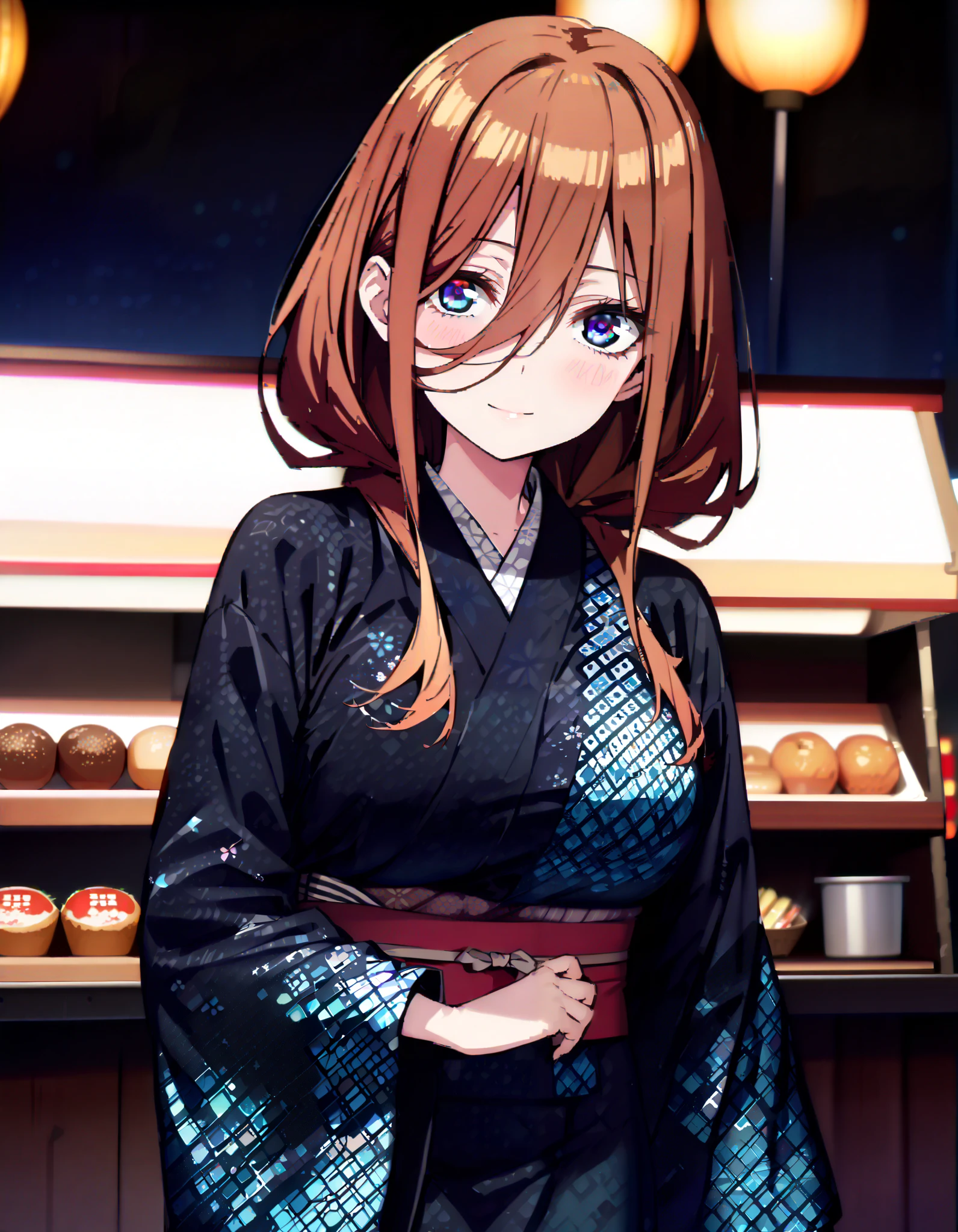 Nakano Future, Alone, long hair, bangs, blue eyes, brown hair, long hair, bangs, blue eyes, brown hair, hair between eyes ,smile,blush,Big Breasts, legs ,Blue flower pattern kimono, side lock , long skirt ,日本のfestival,夏festivalの屋台,,Fireworks in the night sky, fireworks,The time is night, standing,omatsuri, food stand ,whole bodyが illustration に入るように,
break outdoors, festival,
break looking at viewer, whole body、
break ( Masterpiece:1.2), top quality, high resolution, unity 8k wallpaper, ( illustration :0.8), ( beautiful detailed eyes:1.6), highly detailed faces at a pachinko parlor, perfect lighting, Highly Detailed CG, ( perfect hands, perfect anatomy),