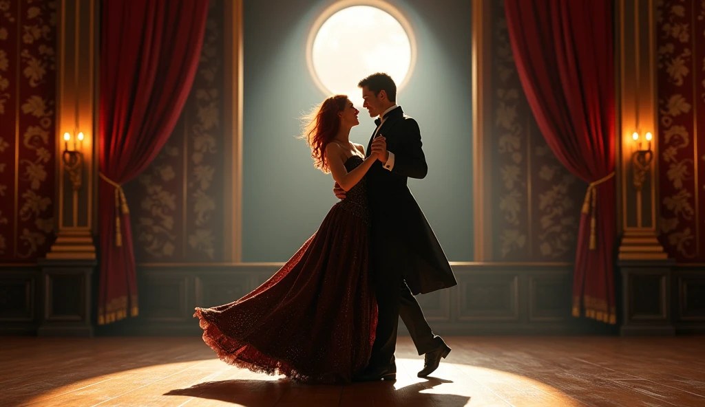 Romantic couple in full growth, a handsome man, a prince, with short blond hair of a strong build, a beautiful girl with light brown hair, 19th century, red dress, Empire style clothes, a masquerade ball, carnival masks on them, a man dancing with a girl , romantic mood, passion, beautiful lighting, ultra-detailed, realistic, top quality digital painting