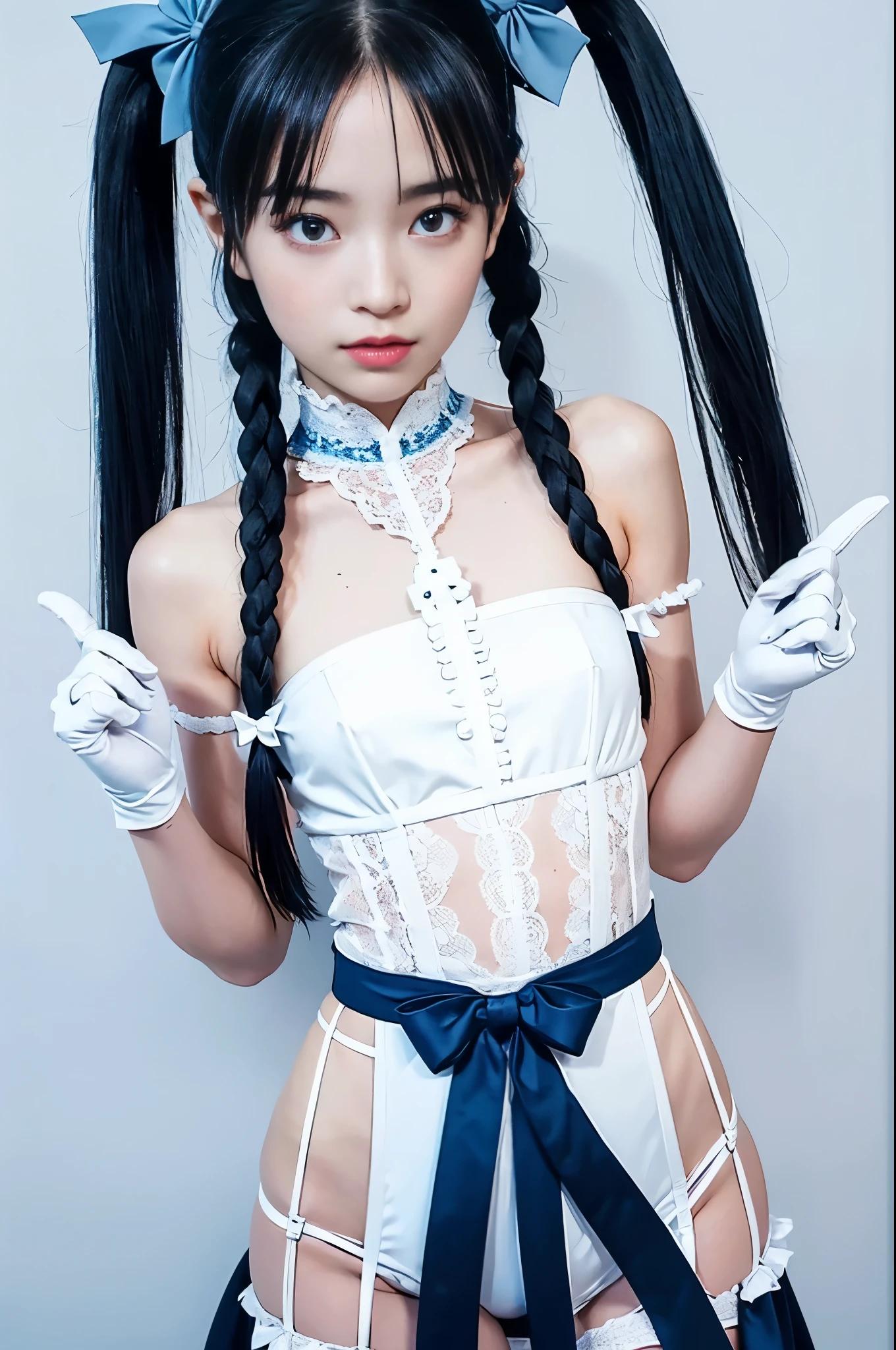 (8K, Raw photo, Best Quality, masutepiece:1.2), high-definition RAW color photography, professional photograpy, (Realistic, photographrealistic:1.37), ((Best Quality)), various attractive posing, full body shot;1.2. 1young girl, asymmetrical legwear, (black bow:1.2), black ribbon, (blue hair:1.5), bow, breasts, gloves,(hair bow:1.3), (very long hair:1.2), simple background, standing, striped bow, thighhighs, white background, white gloves, (lace legwear:1.2), Delicate hands, detailed fingers, five fingers, (one hand pinching the waist:1.3), (twintails:1.3), realhands, nsfw
