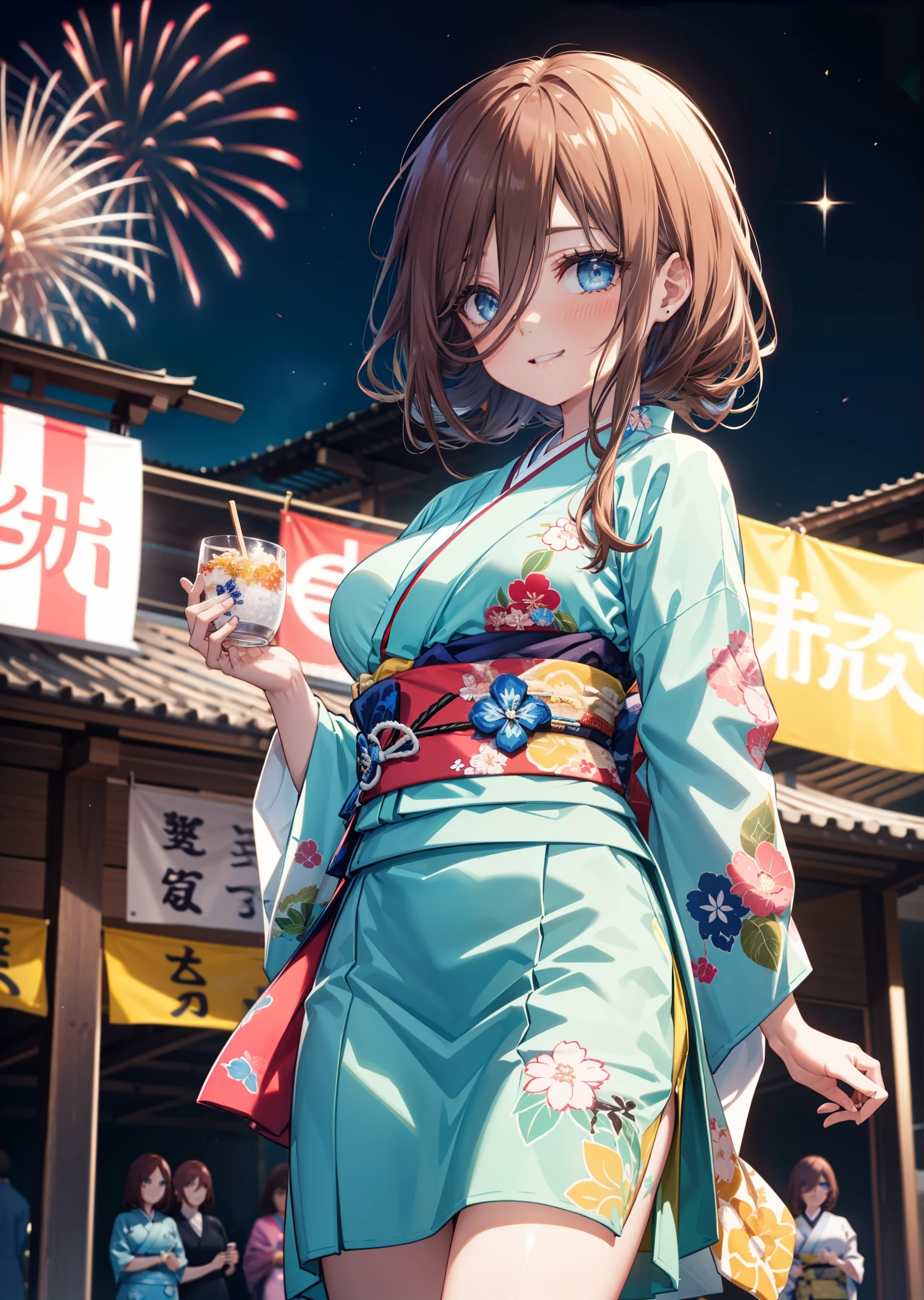 Nakano Future, Alone, long hair, bangs, blue eyes, brown hair, long hair, bangs, blue eyes, brown hair, hair between eyes ,smile,blush,Big Breasts, legs ,Blue flower pattern kimono, side lock , long skirt ,日本のfestival,夏festivalの屋台,,Fireworks in the night sky, fireworks,The time is night, standing,omatsuri, food stand ,whole bodyが illustration に入るように,
break outdoors, festival,
break looking at viewer, whole body、
break ( Masterpiece:1.2), top quality, high resolution, unity 8k wallpaper, ( illustration :0.8), ( beautiful detailed eyes:1.6), highly detailed faces at a pachinko parlor, perfect lighting, Highly Detailed CG, ( perfect hands, perfect anatomy),