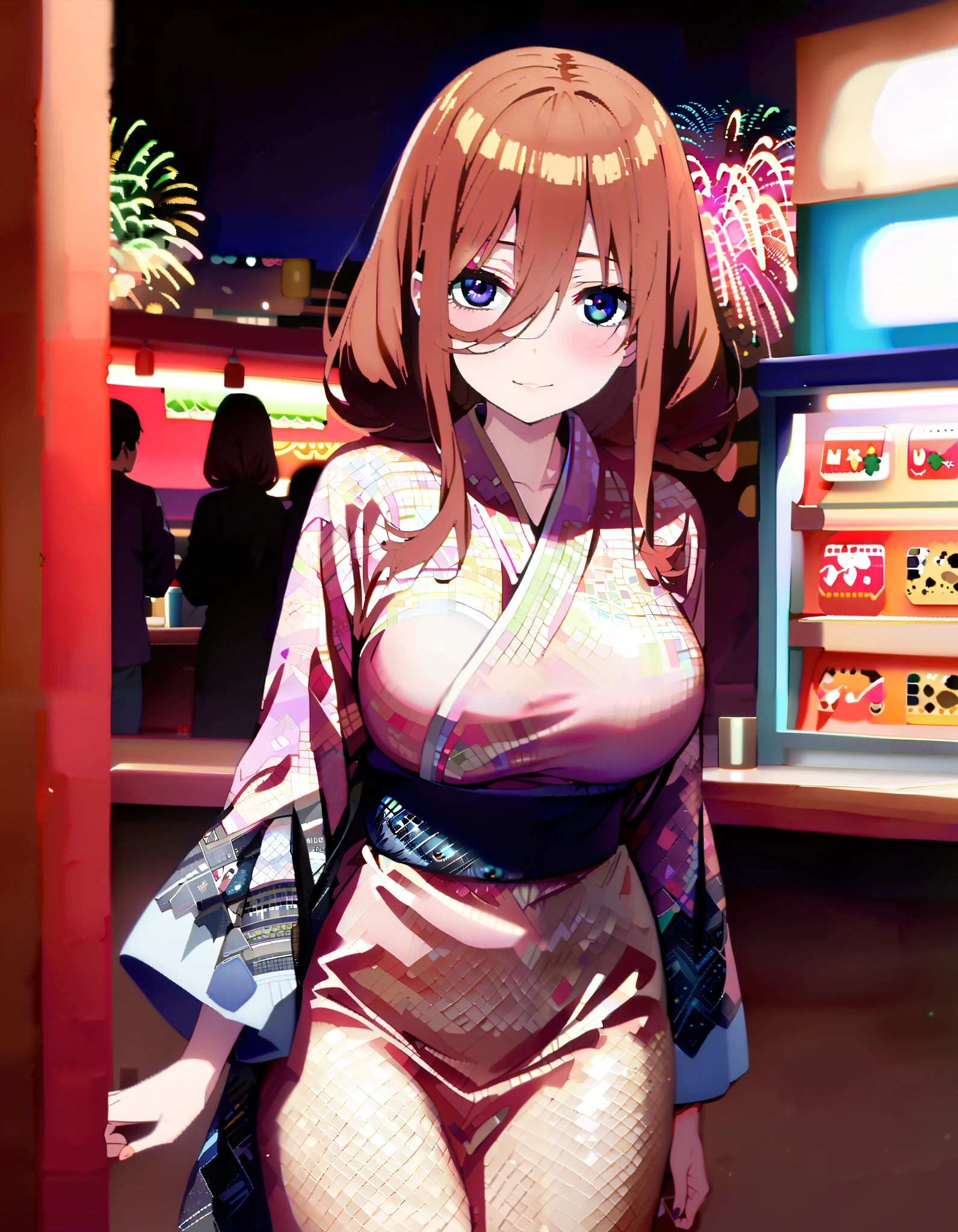 Nakano Future, Alone, long hair, bangs, blue eyes, brown hair, long hair, bangs, blue eyes, brown hair, hair between eyes ,smile,blush,Big Breasts, legs ,Blue flower pattern kimono, side lock , long skirt ,日本のfestival,夏festivalの屋台, red lanterns,Fireworks in the night sky, fireworks,The time is night, standing,omatsuri, food stand ,whole bodyが illustration に入るように,
break outdoors, festival,
break looking at viewer, whole body、
break ( Masterpiece:1.2), top quality, high resolution, unity 8k wallpaper, ( illustration :0.8), ( beautiful detailed eyes:1.6), highly detailed faces at a pachinko parlor, perfect lighting, Highly Detailed CG, ( perfect hands, perfect anatomy),