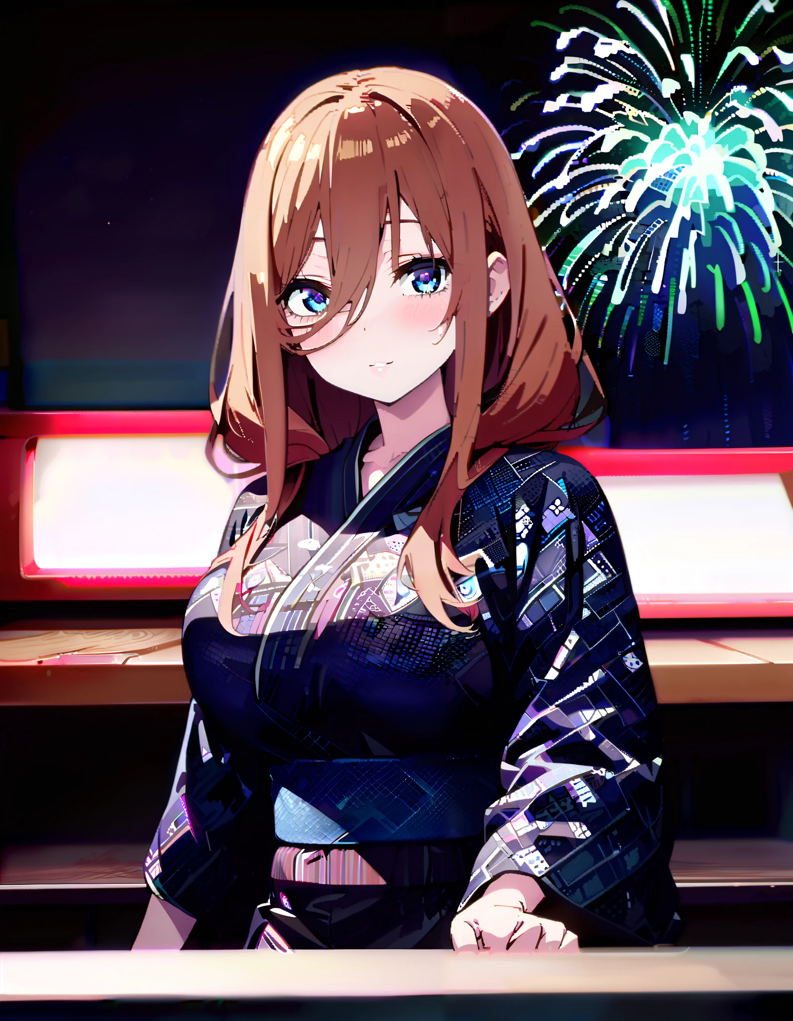 Nakano Future, Alone, long hair, bangs,  blue eyes,  brown hair,  long hair, bangs,  blue eyes,  brown hair,  hair between eyes ,smile,blush,Big Breasts, legs ,Blue flower pattern kimono, side lock , long skirt ,日本のfestival,夏festivalの屋台, red lanterns,Fireworks in the night sky, fireworks,The time is night, standing,omatsuri, food stand ,whole bodyが illustration に入るように,
break outdoors, festival,
break looking at viewer, whole body、
break ( Masterpiece:1.2),  top quality,  high resolution, unity 8k wallpaper, ( illustration :0.8), ( beautiful detailed eyes:1.6),  highly detailed faces at a pachinko parlor,  perfect lighting,  Highly Detailed CG, ( perfect hands,  perfect anatomy),