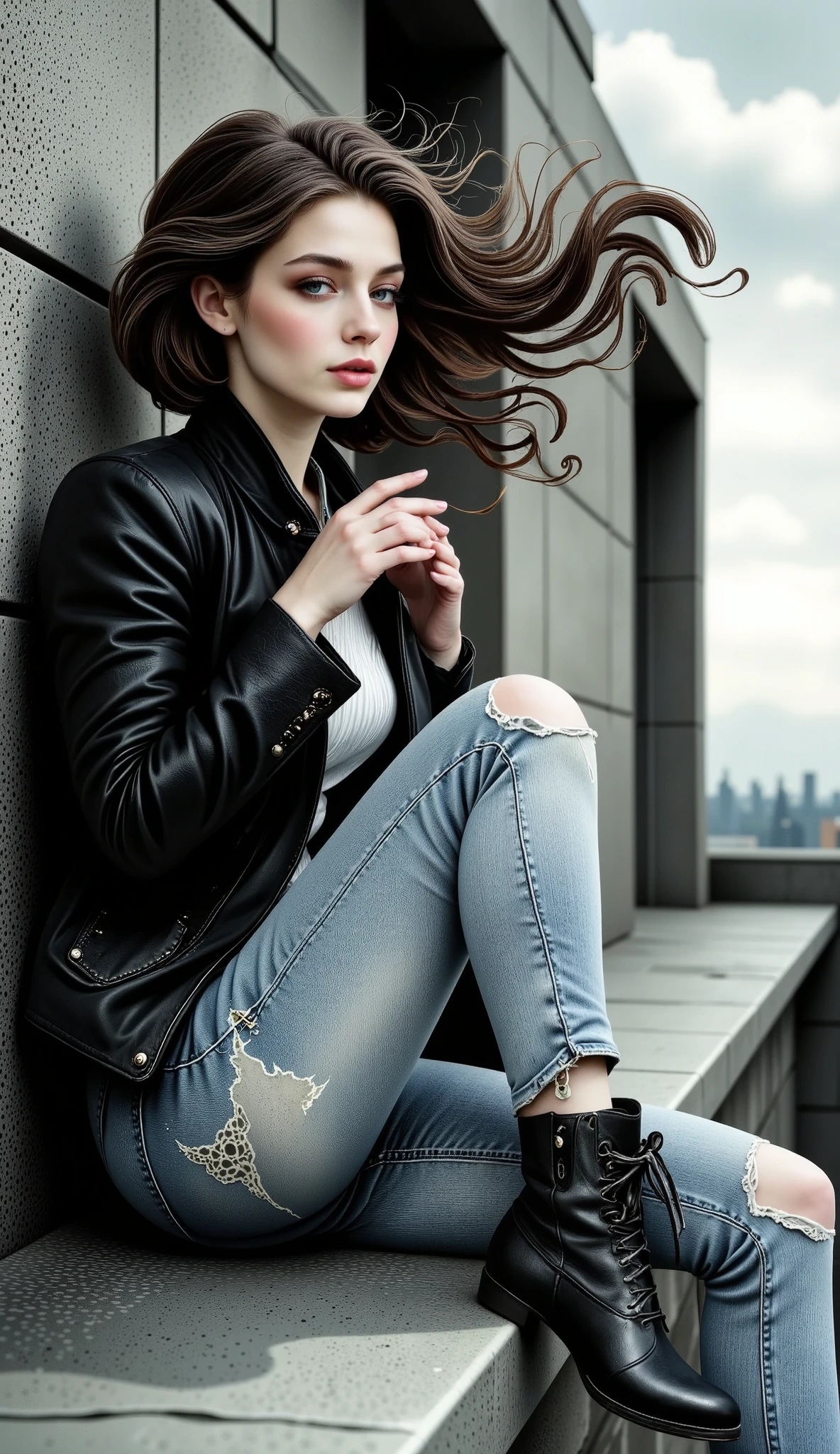 a woman sitting on a ledge with her feet up and a building in the background, Hair flying in the wind , A photograph of Emma Andijewska , In Trend In Pexels , Photorealism , a girl sitting on a roof , standing on the roof , standing on the roof , sits on a roof , Sitting on the roof of a skyscraper , standing on the roof de un rascacielos, editorial photograph , photo shoot