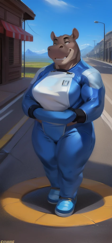 combine soldier, 1girl, solo, standing, helmet, gloves, looking at viewer, facing viewer, military, science fiction, city, russia, gas mask, wide hips, (glowing blue eyes), huge breasts, huge pregnant belly, belly ache,
