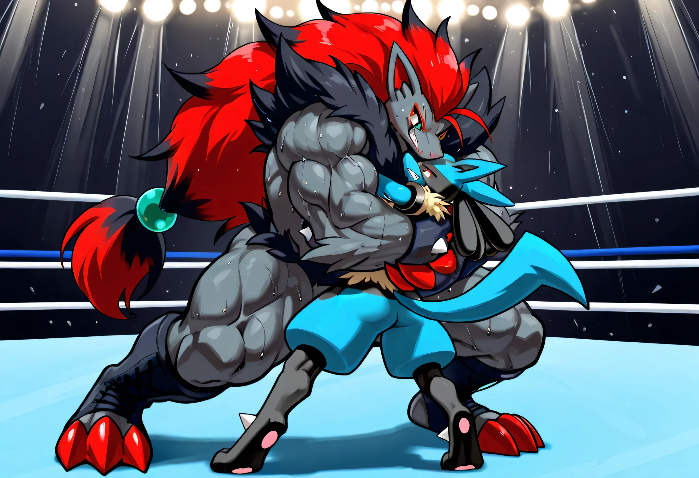 4k ultra quality, 4k full body view,masterpiece quality, giant zoroark dominates small lucario, wrestling, bearhug, [lucario:back pain, arched back, close eyes, very small build, young], [zoroark:carrying person, lift up, arched back, hugging, giant bulky muscular, massive strong body, looking down, evil grin, sweaty, male focus], size difference, carrying, dominating, from up front