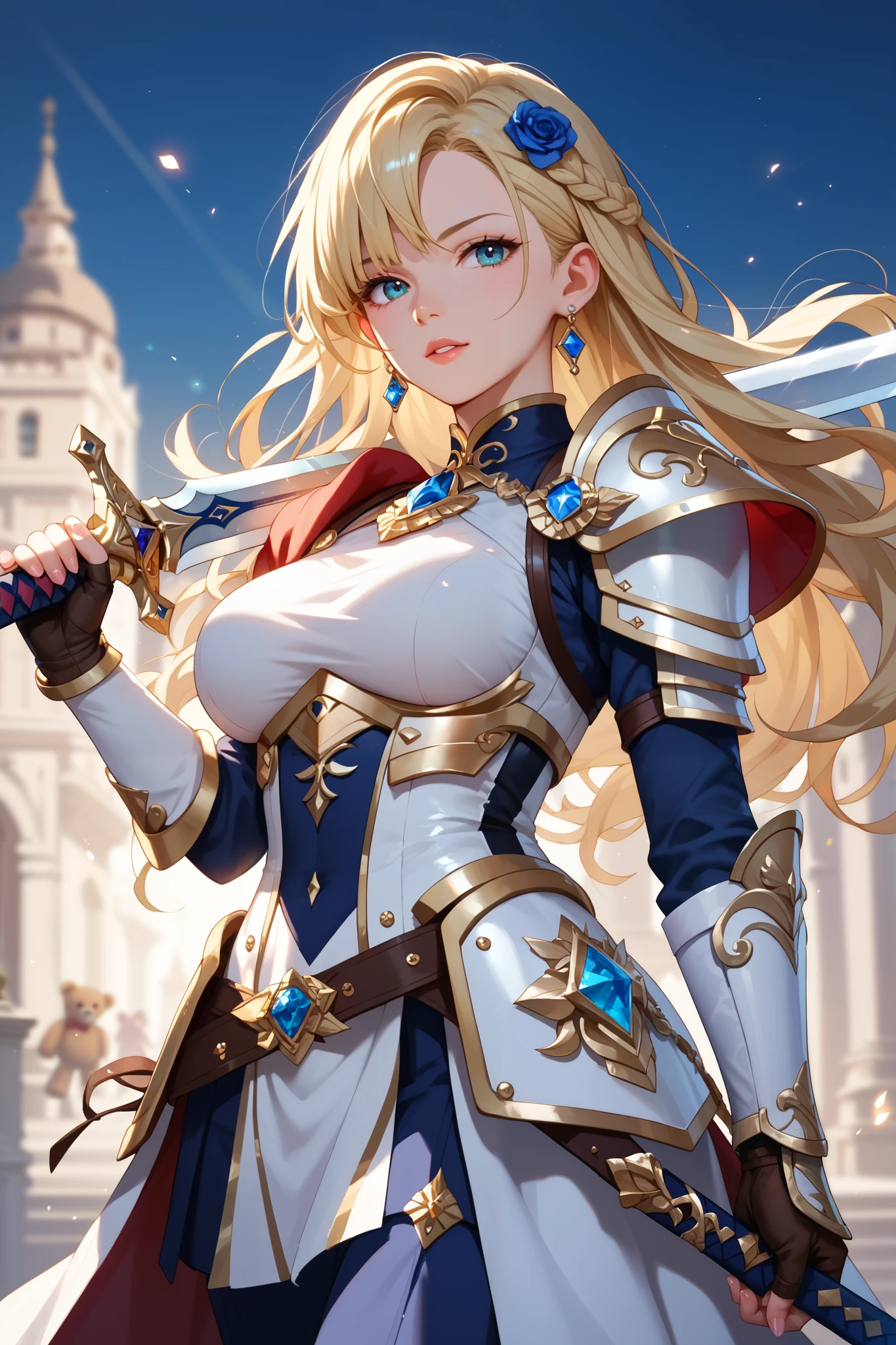 outdoor, Female swordsman and teddy bear wearing luxurious Western-style armor, Holding a sword,During combat, dynamic pose,Warm Light, sparkling effect, The light is shining 。 blonde, long hair