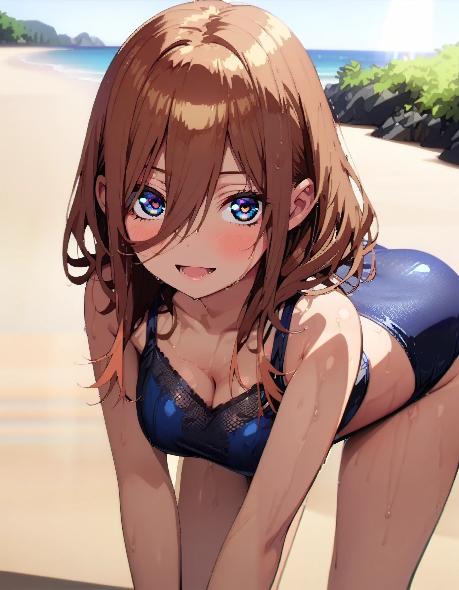 Nakano Future, long hair, bangs, blue eyes, brown hair, hair between eyes ,smile,blush, open their mouths,Blue bikini swimsuit ,Bare legs, tan, brown skin, wet swimsuit , wet skin, wet hair, standing,whole bodyが illustration に入るように,
break outdoors, beach,
break looking at viewer, whole body,
break ( Masterpiece:1.2), top quality, high resolution, unity 8k wallpaper, ( illustration :0.8), ( beautiful detailed eyes:1.6), highly detailed faces at a pachinko parlor, perfect lighting, Highly Detailed CG, ( perfect hands, perfect anatomy),
