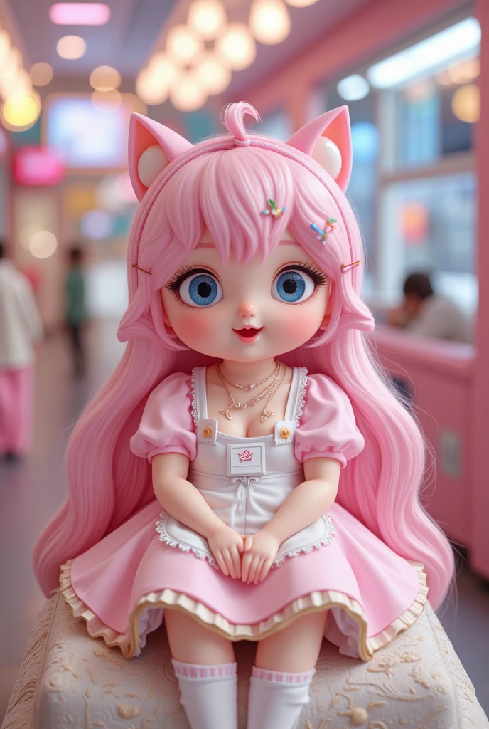 A Barbie girl with cat in hand,long hair, animation,blue eyes,cat blue eyes, smooth ultra 8k resolution,love,smile,cute