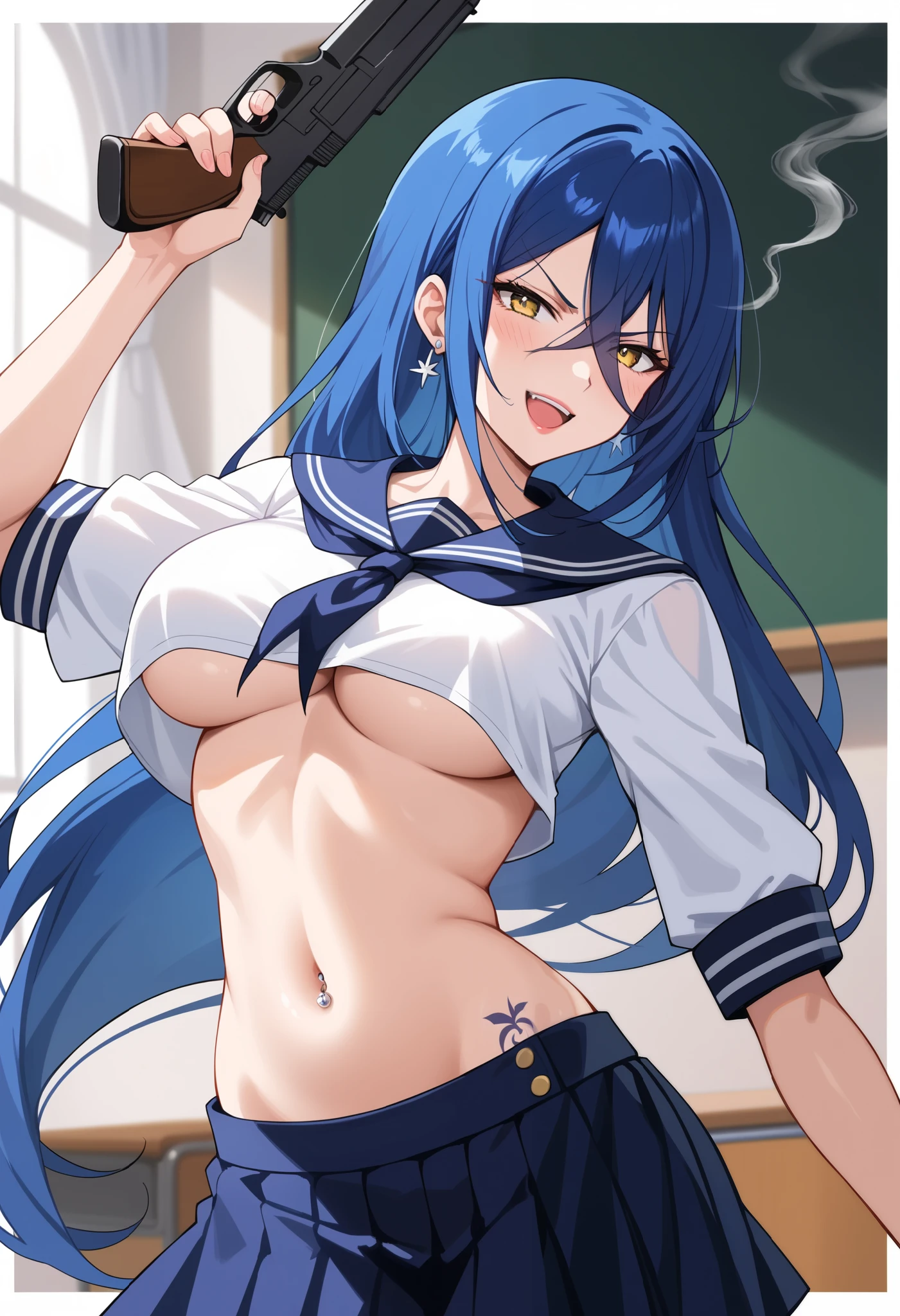 highschoolddKalawarnar, best quality, masterpiece, uncensored, 1girl,solo
long hair,hair between eyes,yellow eyes,,glaring,blue hair, shiny skin, medium breasts, , ear piercing, long hair, blush, lipstick,Hot girl, baddie, smoking, sensual, attractive ,masterpiece, best quality, highly detailed, a anime girls in sailor uniforms with a gun posing for a picture,
evil smile, smile, open mouth,black_serafuku, ecchi anime style, anime girls , (nsfw) not safe for work,
ecchi style, ecchi, shipgirls, digital anime art!!, high school girls, holding a gun, hold a gun, anime style 4
k, micro skirt, exposed belly, exposed navel, exposed midriff, holding pistol,underboob,
exposed lower belly,school, classroom, navel piercing,, narrowed eyes, dragon tattoo, tattoo on body, tattoo midriff,