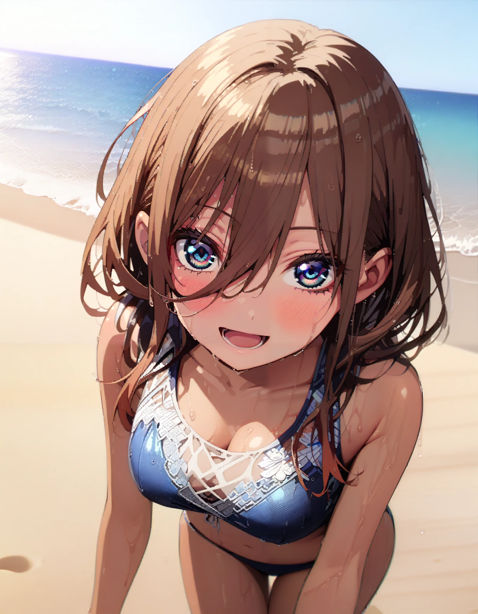 Nakano Future,  long hair, bangs,  blue eyes,  brown hair,  hair between eyes ,smile,blush, open their mouths,Blue bikini swimsuit ,Bare legs, tan, brown skin, wet swimsuit , wet skin, wet hair, standing,whole bodyが illustration に入るように,
break outdoors,  beach,
break looking at viewer, whole body,
break ( Masterpiece:1.2),  top quality,  high resolution, unity 8k wallpaper, ( illustration :0.8), ( beautiful detailed eyes:1.6),  highly detailed faces at a pachinko parlor,  perfect lighting,  Highly Detailed CG, ( perfect hands,  perfect anatomy),