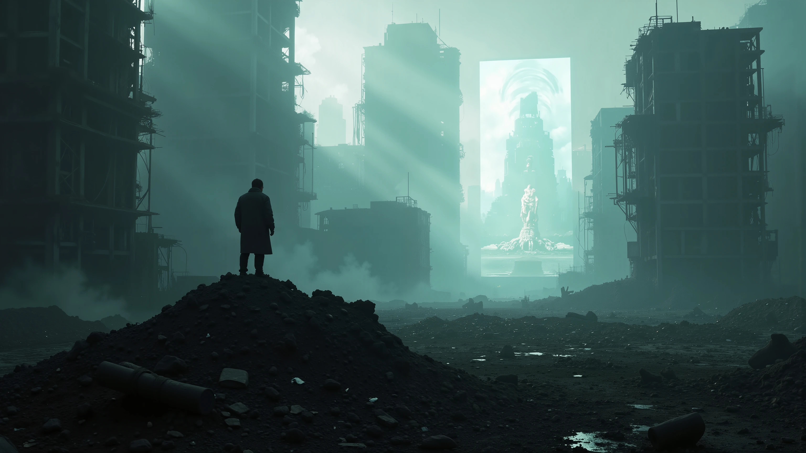 In a hauntingly beautiful, high-definition cinematic masterpiece, a dystopian metropolis lies in ruins. A lone figure, shrouded in shadows, stands atop a pile of rubble, gazing out upon the desolate landscape. The cityscape stretches out like a diseased organism, with twisted steel and concrete tendrils snaking through the air. Rays of light pierce the smog-choked atmosphere, casting an eerie glow on the chaos below. In the distance, a massive screen displays a mesmerizing ray-traced 16K video loop, depicting a world in the midst of transformation. The subject's silhouette is bathed in a cold, clinical light, symbolizing humanity's potential to evolve and transcend its flaws.