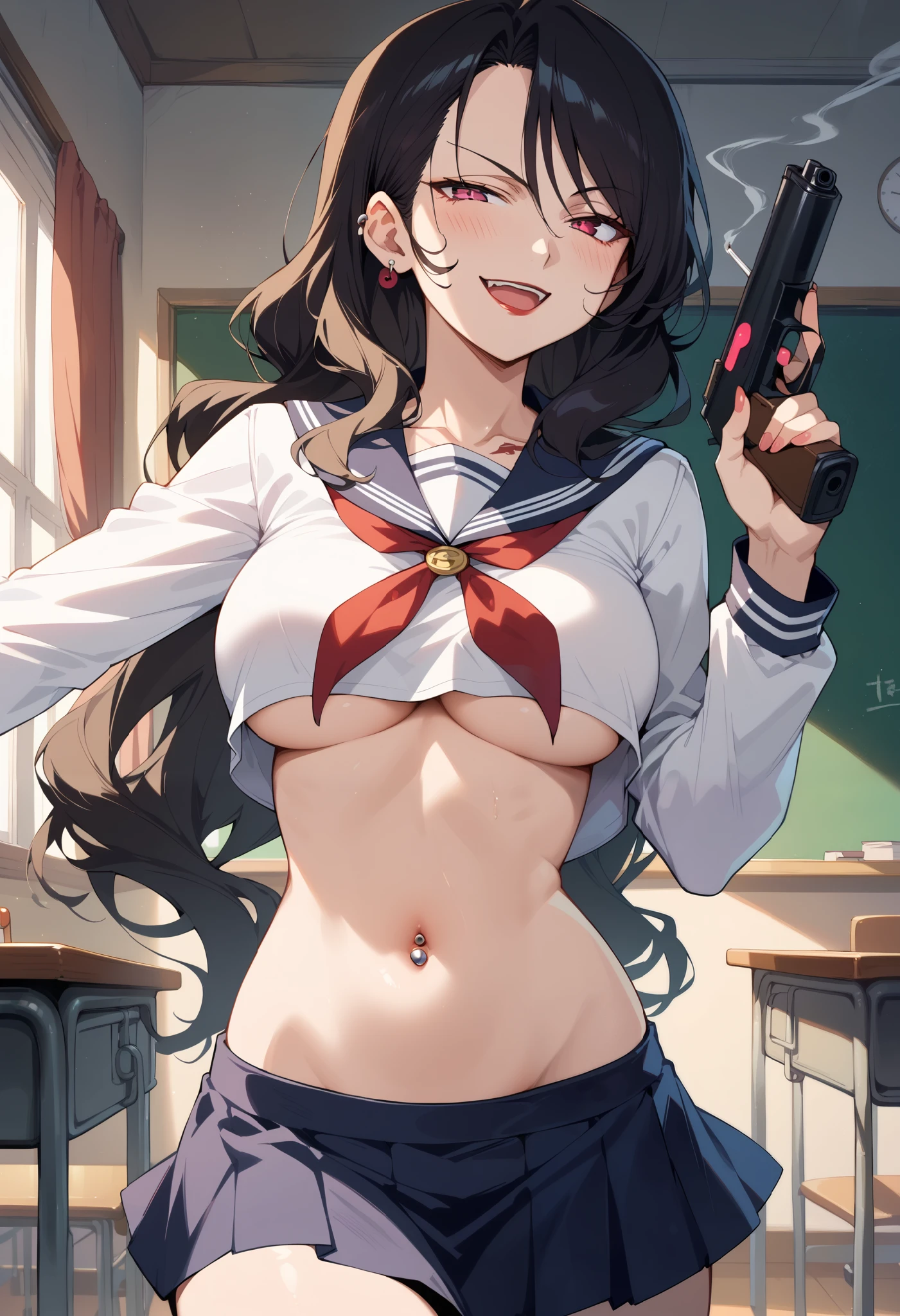 solo, 1girl, valmet, blush, lipstick, long hair, crazy eyes ,masterpiece, best quality, highly detailed, a anime girls in sailor uniforms with a gun posing for a picture,
evil smile, smile, open mouth,black_serafuku, ecchi anime style, anime girls , (nsfw) not safe for work,
ecchi style, ecchi, shipgirls, digital anime art!!, high school girls, holding a gun, hold a gun, anime style 4
k, micro skirt, exposed belly, exposed navel, exposed midriff,
exposed lower belly,school, classroom, large breast