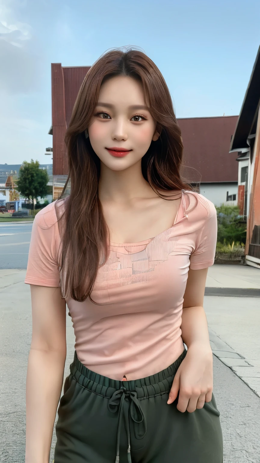 ((Best quality, 8k, masterpiece: 1.3, raw photo, photo realistic: 1.3)), sensual woman, 1 girl, (slim body), brown hair, (outdoor, shirt, long joger pants), ultra detailed face, detailed lips, detailed eyes, double eyelids, blush, pale skin, (medium breasts), (smile: 0.7), cloudy weather