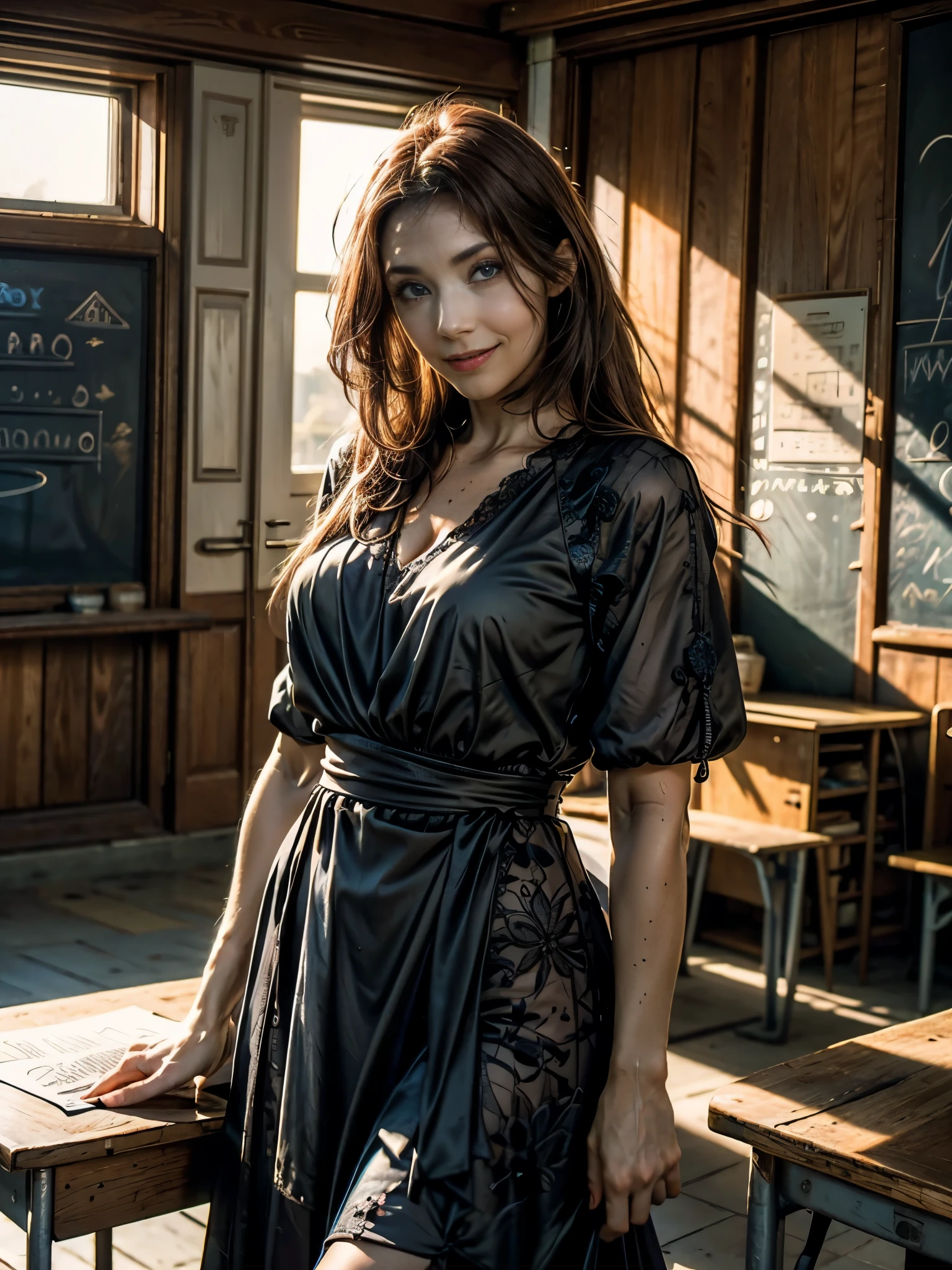 a beautiful female teacher, elegant dress, flirtatious expression, long brown hair, blue eyes, warm smile, standing in a classroom, sunlight through windows, chalkboard in background, detailed facial features, photorealistic, cinematic lighting, highly detailed, 8k, award winning digital art