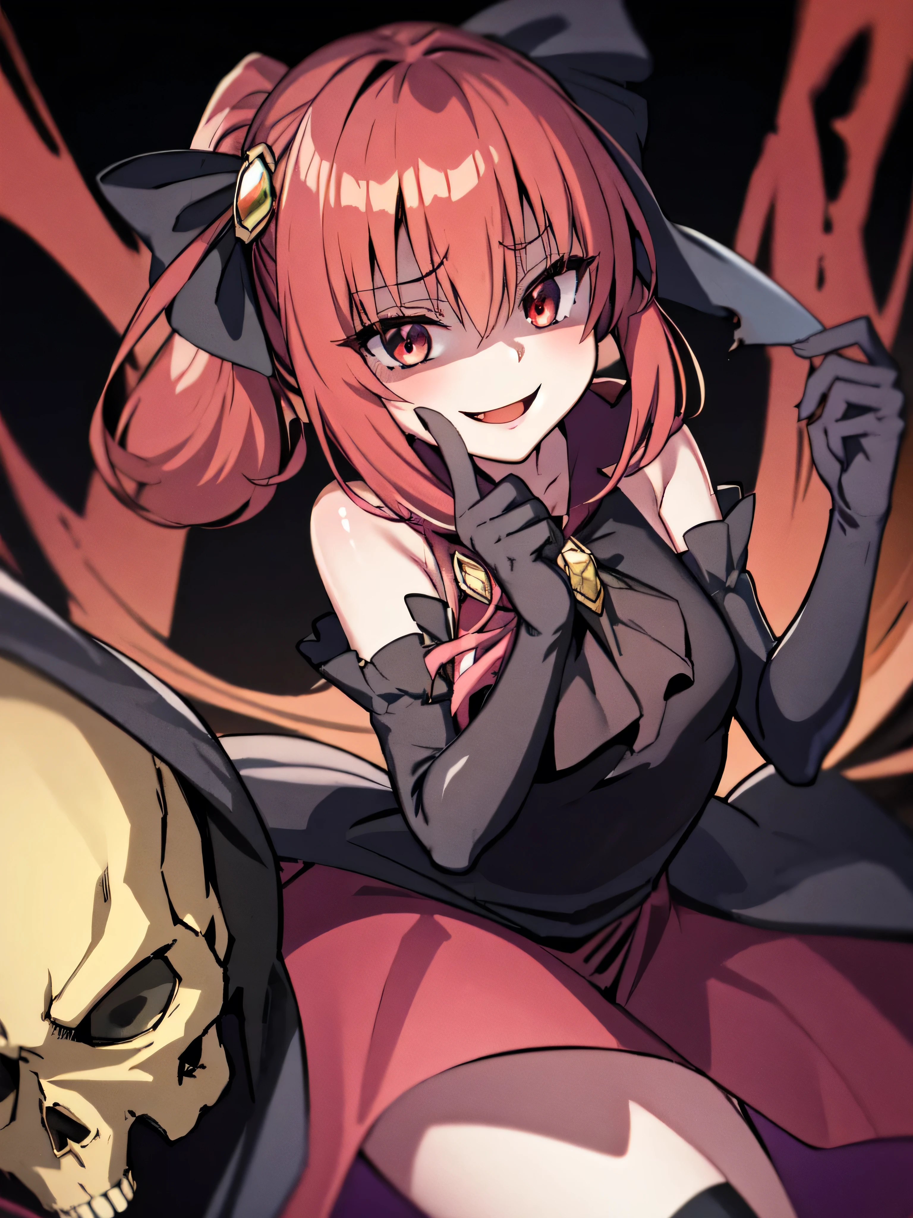 best quality , Masterpiece, One Girl,Not beautiful, red horsetail, long dress , Blog, hair bow, black knee-high socks, standing on rubble , , ,,Dark Shadow Face , Sadistic Laugh ,,malice,Contempt,smile,,Bad face,, red skirt,both hands,Two legs, Five Fingers,Evil background, Elbow Full Gloves ,shiny latex, wicked laugh, Devish Aura ( shiny fabric :1.5),Dark world background,solo,Skull in a decorated. background, A pile of skulls lies beneath ,), in Illustrator_in_audience,.、 Generating High Quality Female Art ,,Dark aura,